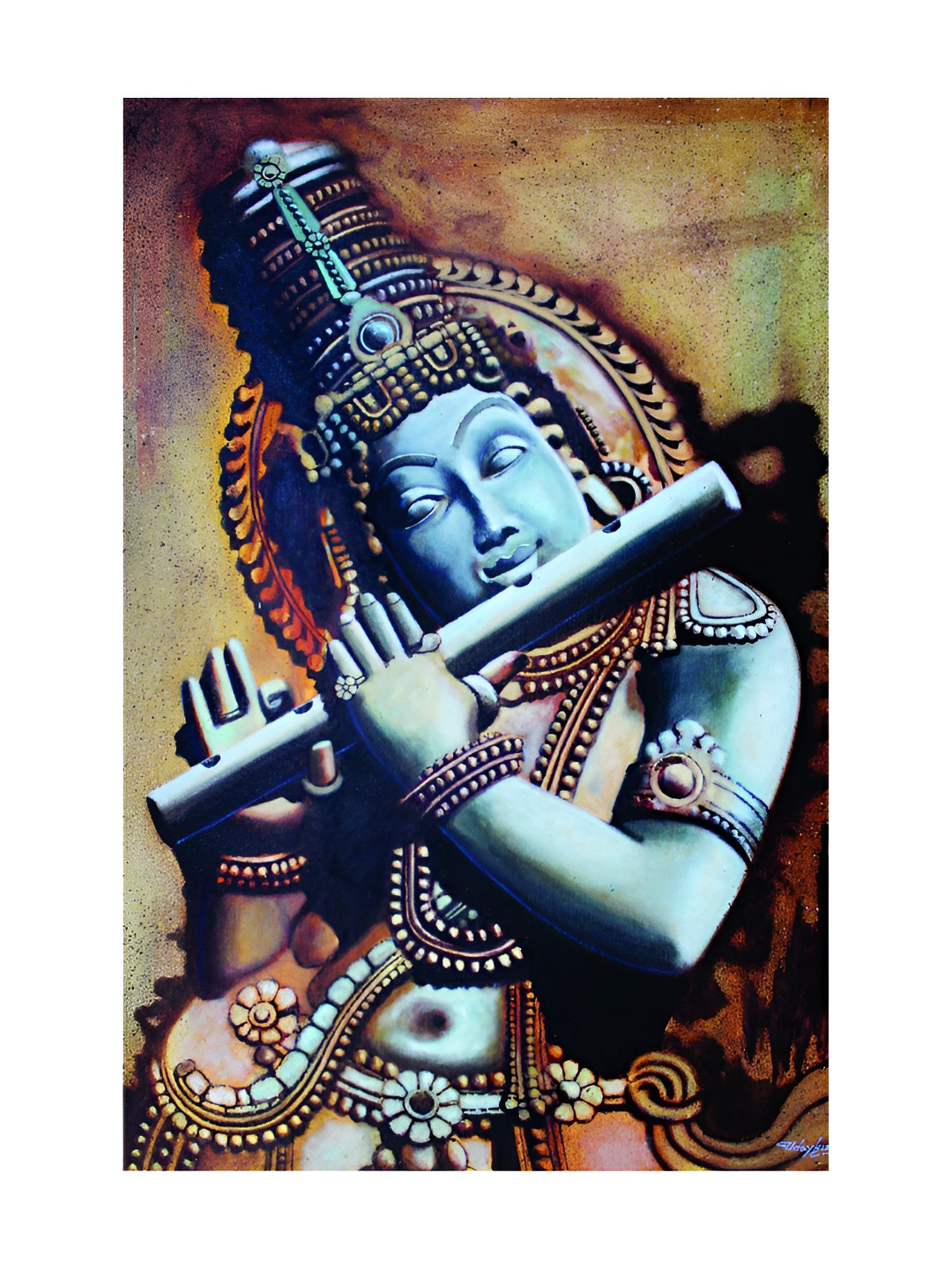Inephos Blue & Brown Canvas Religious Beautiful Lord Krishna Art Unframed Wall Painting