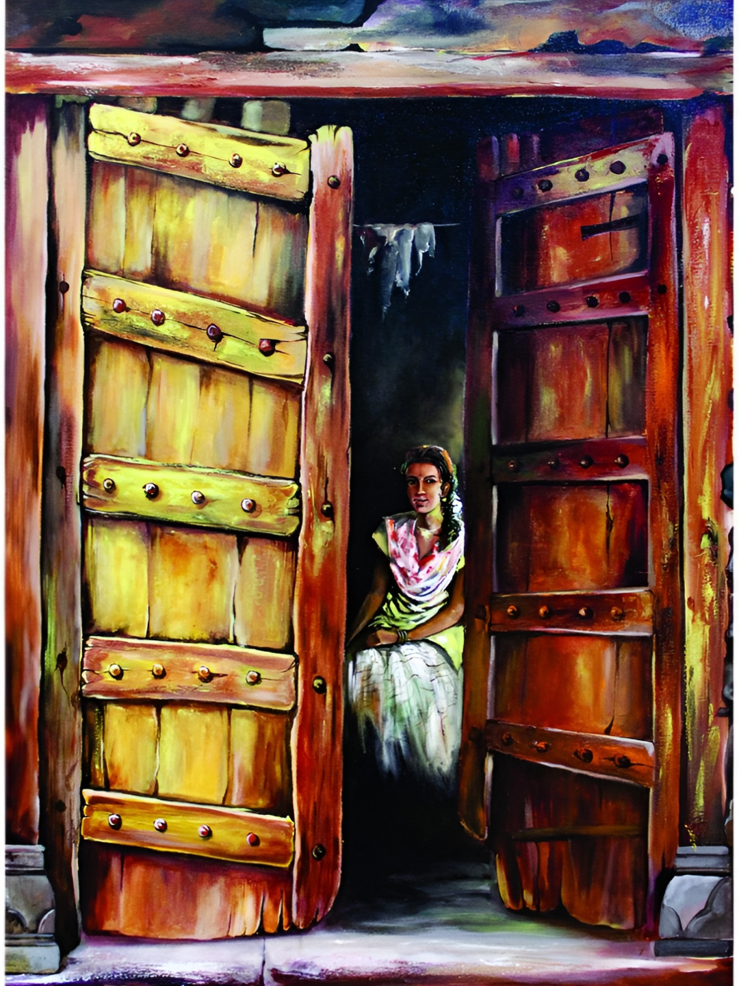 Inephos Brown & Cream Colored Lady In Village Printed Canvas Unframed Wall Painting