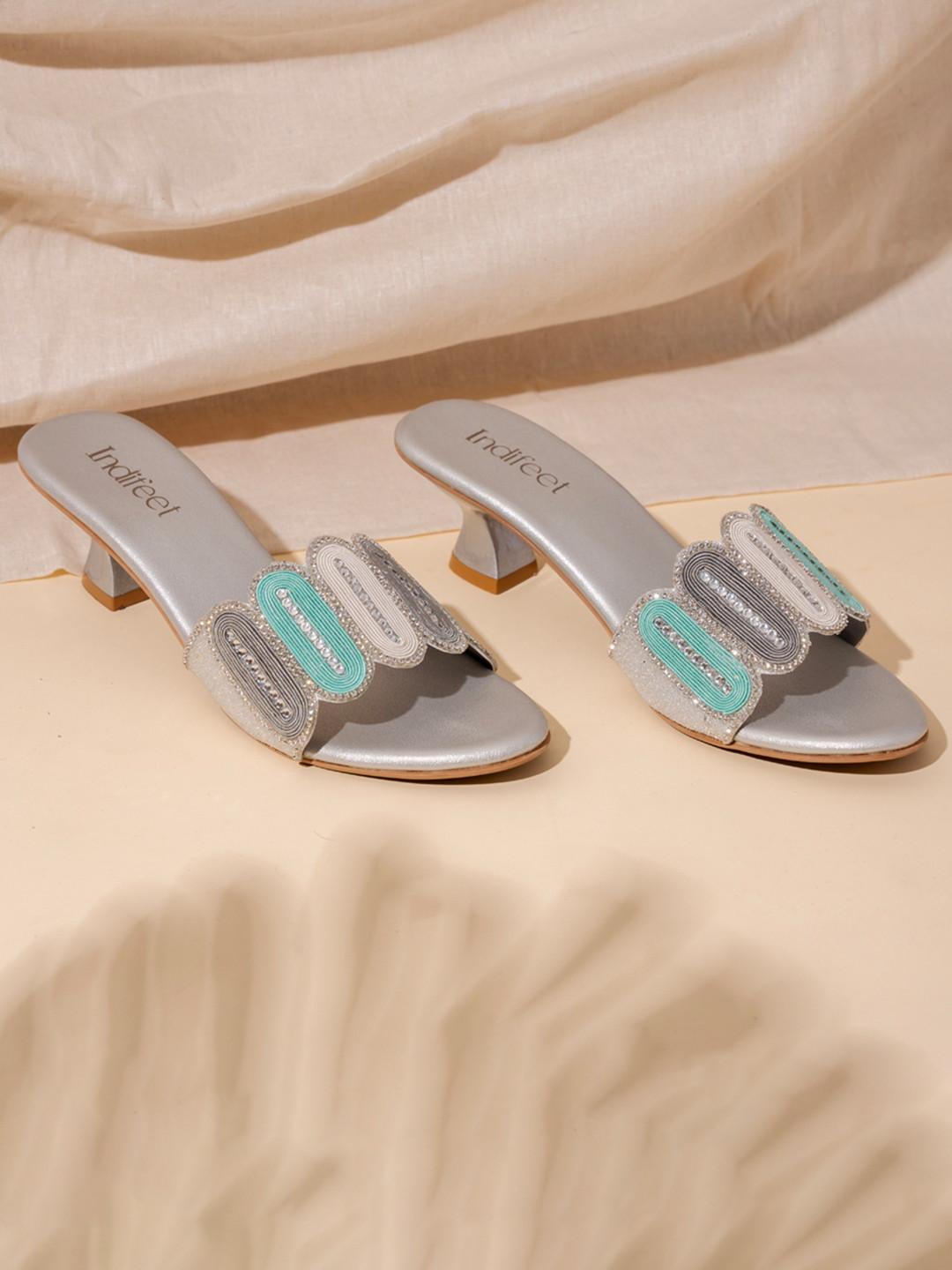 Indifeet Women Embellished Ethnic and Traditional Silver Kitten Heel Sandals