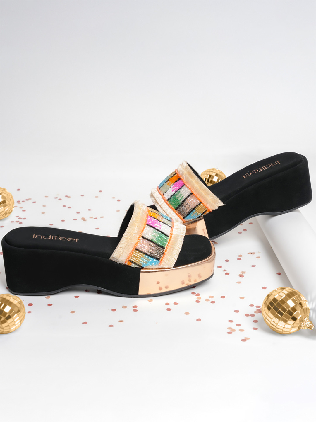 Indifeet Women Embellished Chunky Ethnic and Traditional Black Platform Heel Sandals