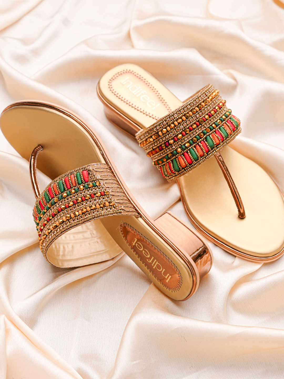 Indifeet Women Embellished T Strap Ethnic and Traditional Golden Block Heel Chappals
