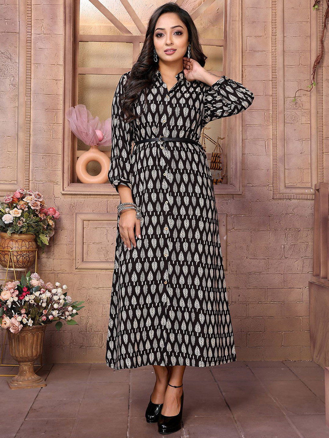 Rangita Women Ethnic Motifs Printed Shirt Calf Length Ethnic Dresses With Belt