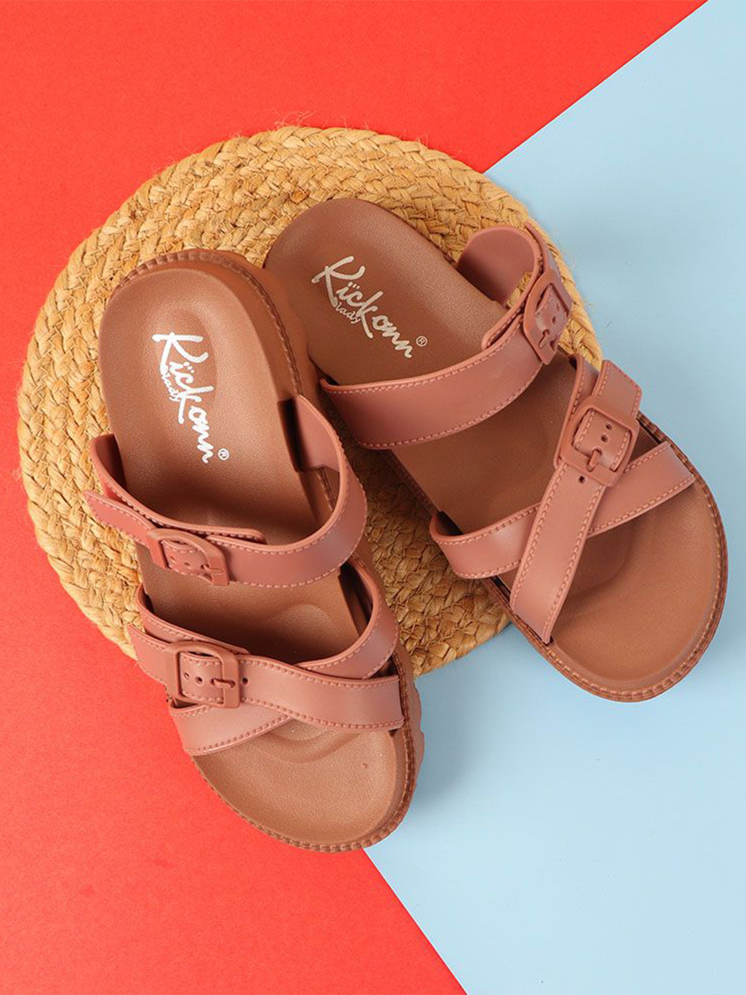 Indifeet Women Pink Rubber Flat Sliders with Adjustable Buckles