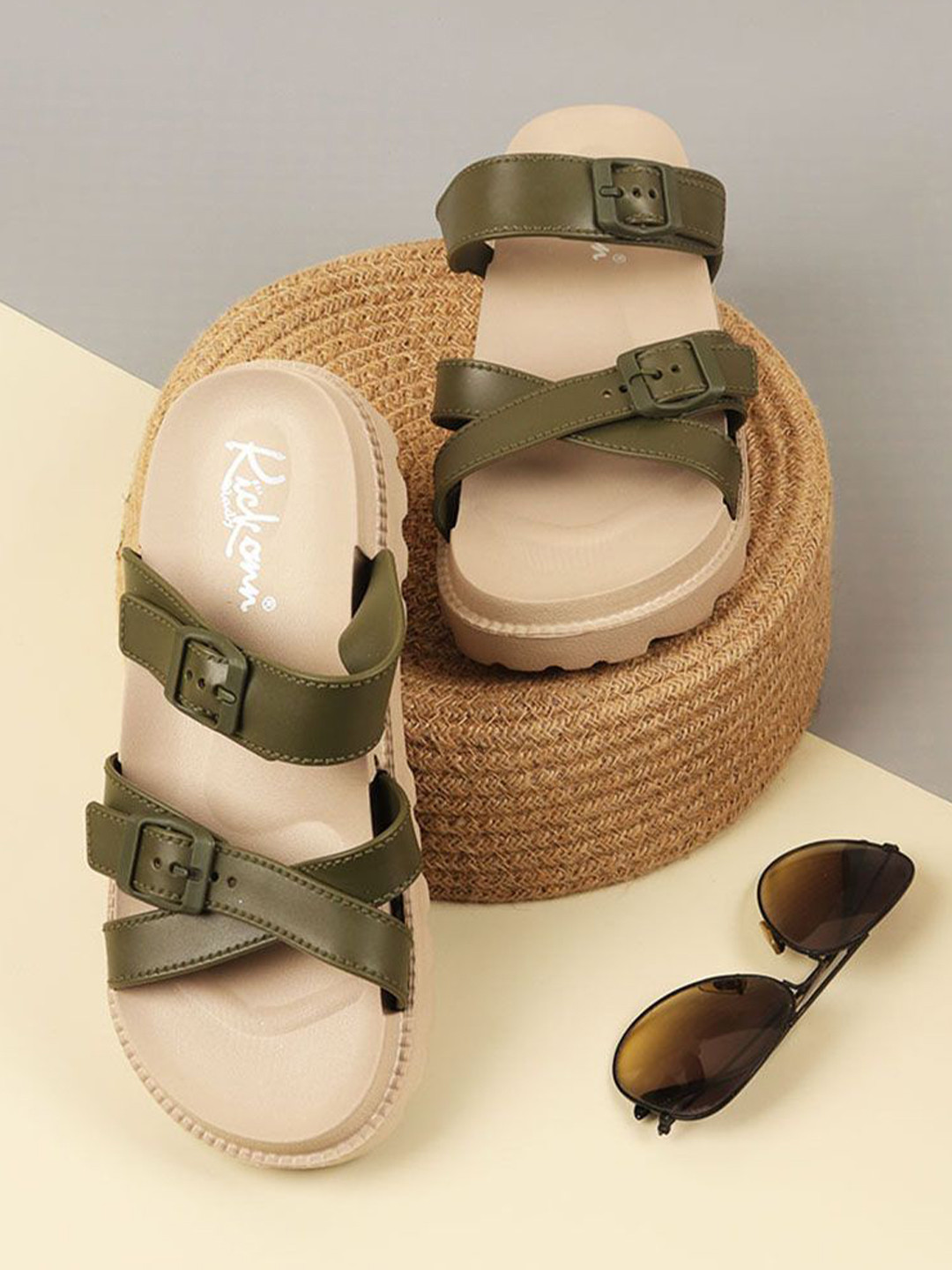 Indifeet Women Olive Green Adjustable Buckles Rubber Slides