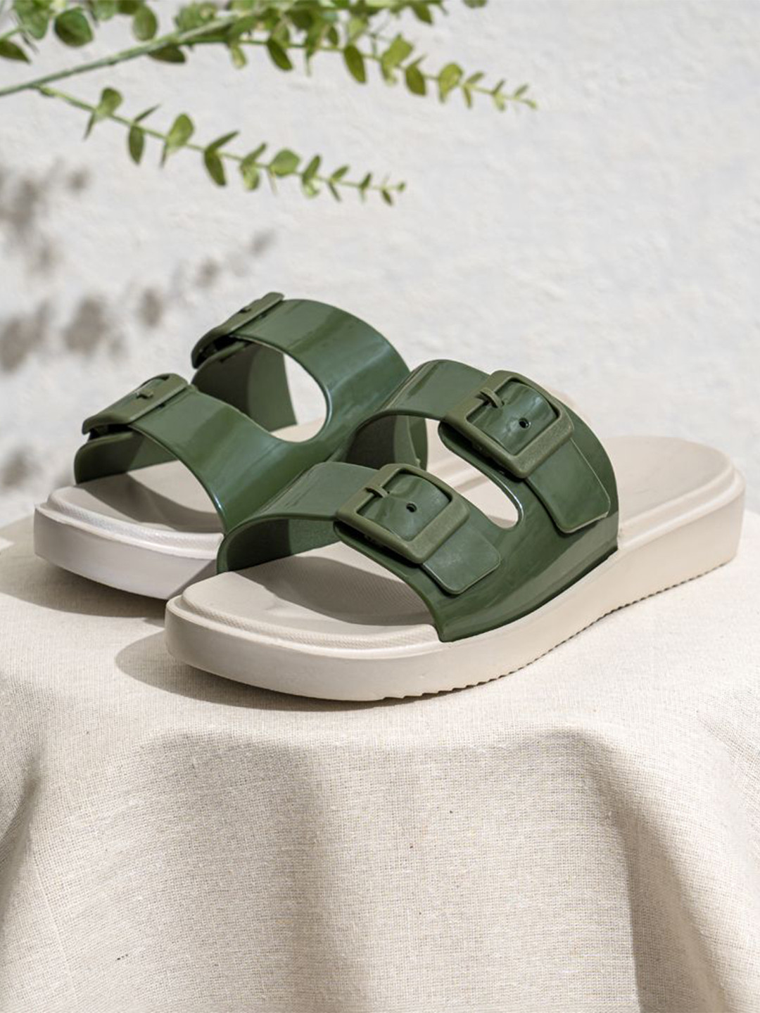 Indifeet Women Double Strap Colourblocked Waterproof Adjustable Buckles Rubber Slides