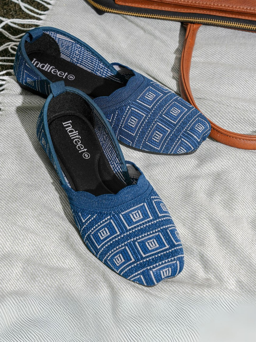 Indifeet Women Blue Printed Slip-On Mesh Flats with Memory Insole