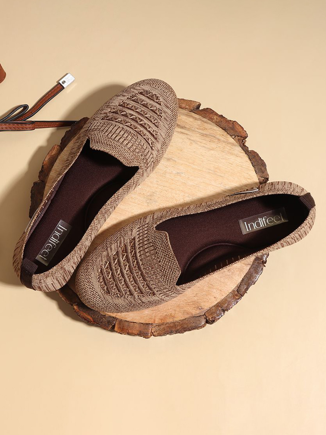 Indifeet Women Brown Textured Slip-On Mesh Flats