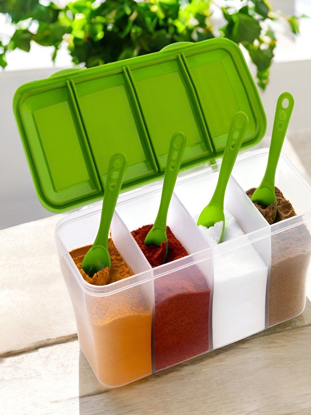 Metrolife 4 in 1 Masala Box Container Set Green Plastic Easy To Clean Flip Top Fridge Container-1.8L