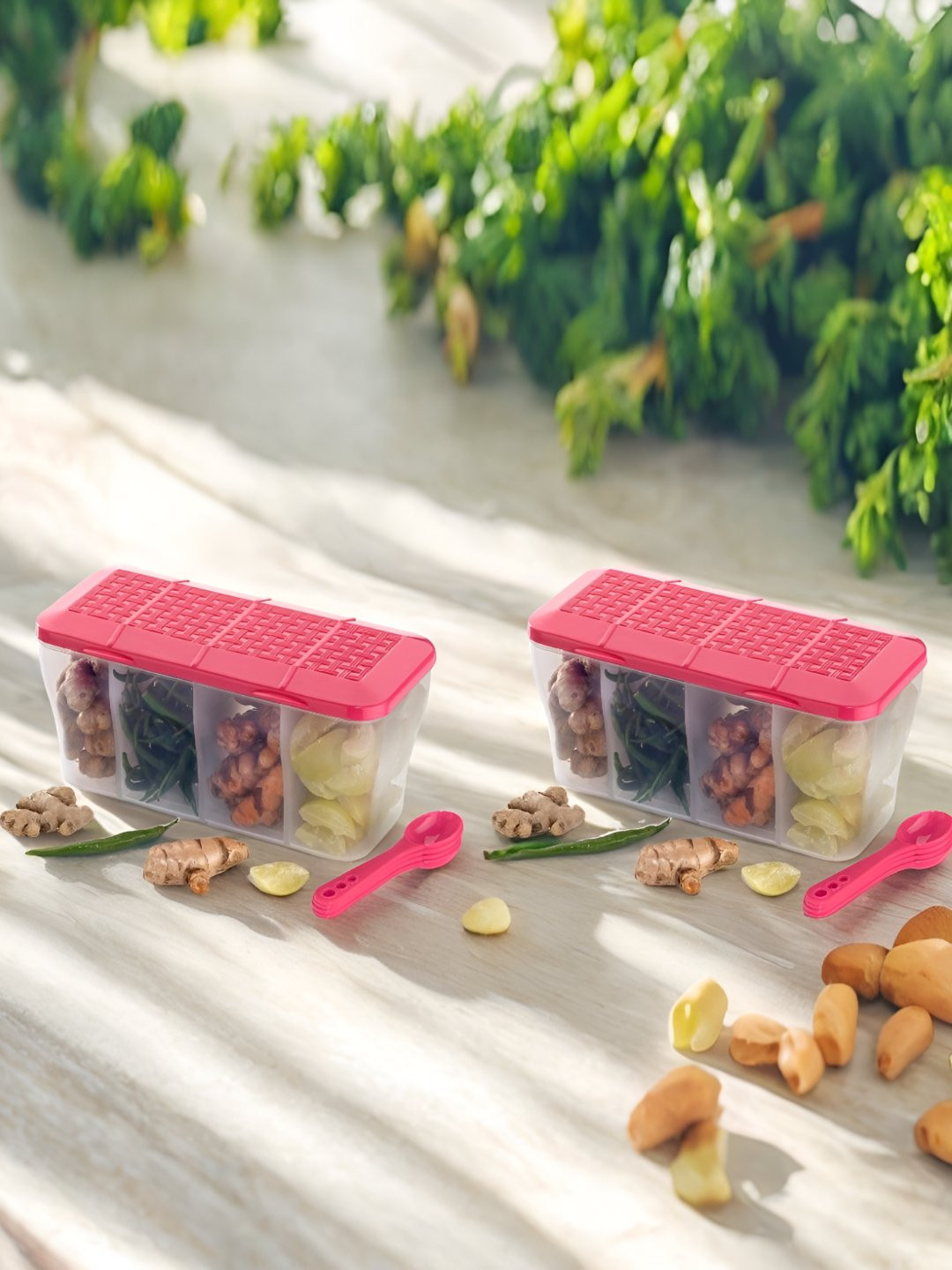 Metrolife 4 in 1 Masala Box Container Set Pink Plastic Easy To Clean 2 Piece Flip Top Fridge Container-1.8L