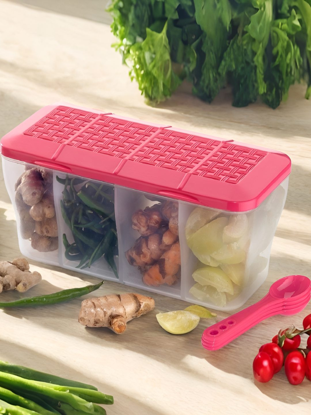 Metrolife Pink Plastic Easy To Clean 4 Piece Flip Top Fridge Container-1.8L