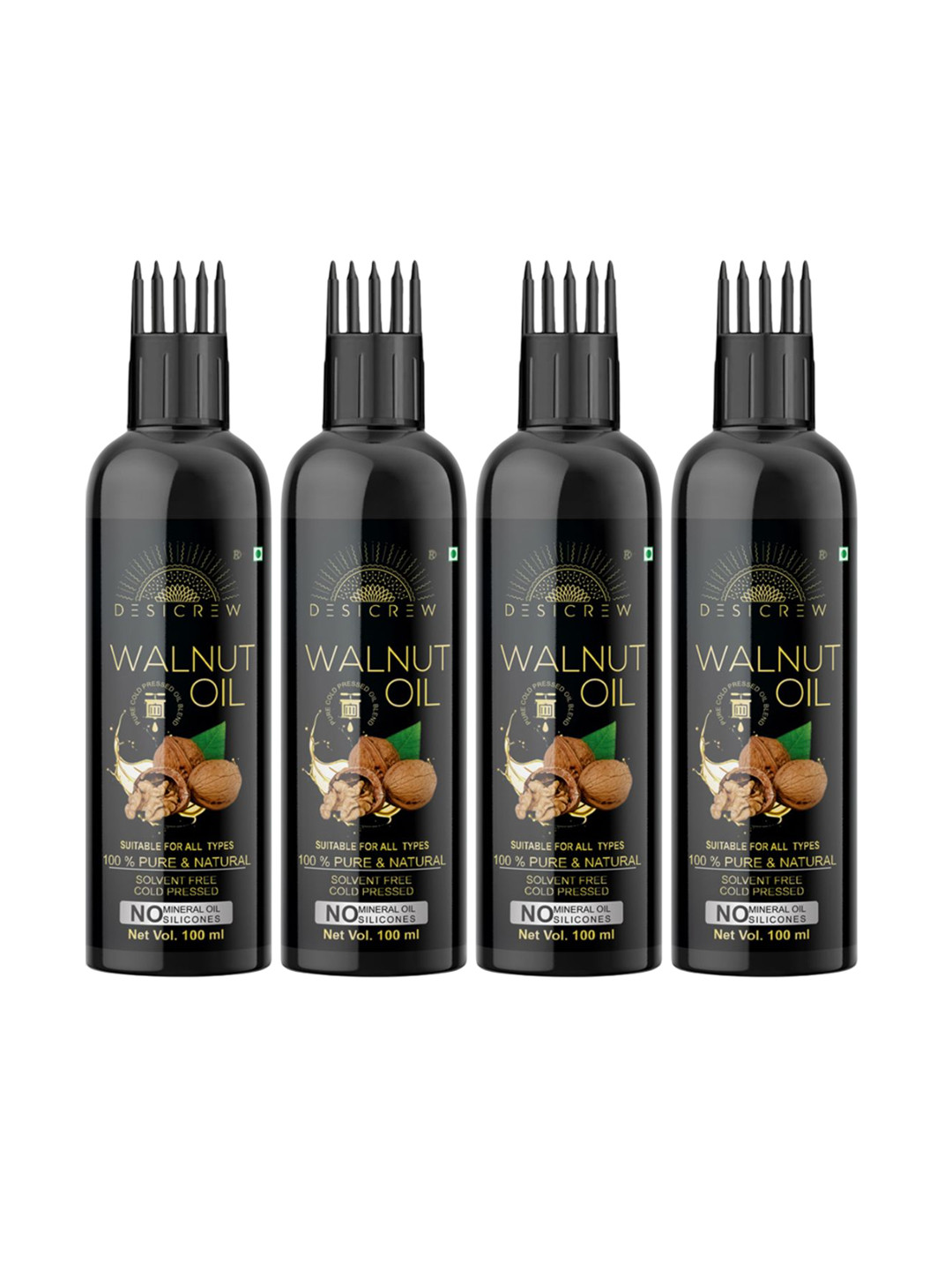 Desi Crew Set Of 4 100% Pure & Natural Walnut Oil For Hair & Skin - 100 ml Each