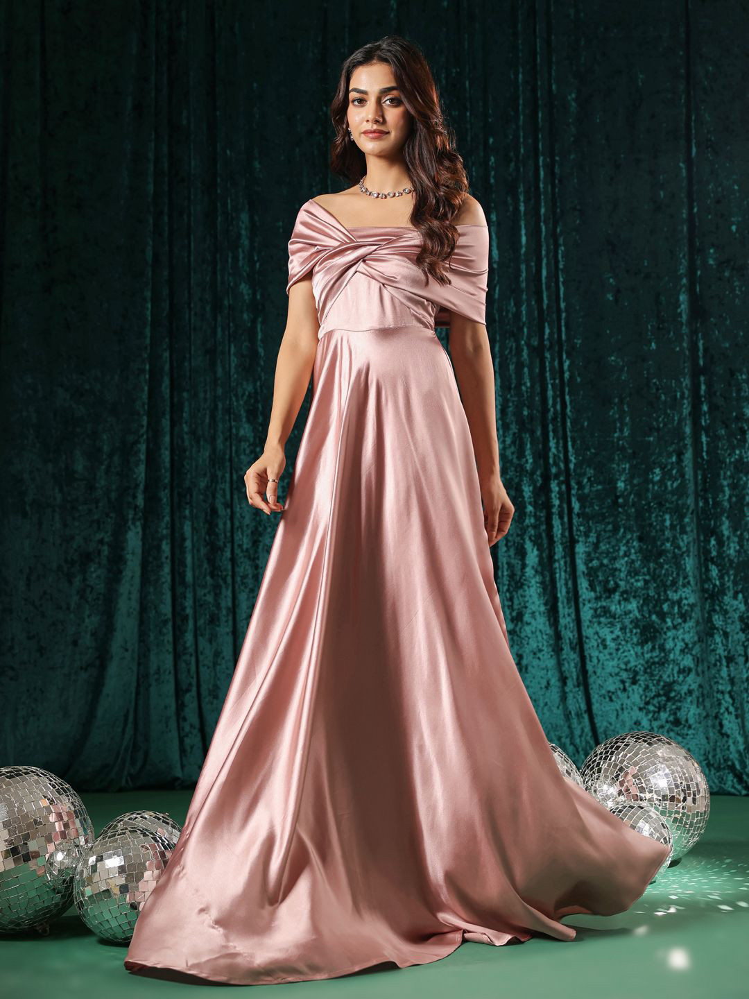 B'Infinite Women Rose Pink Twist Front Off Shoulder Gown