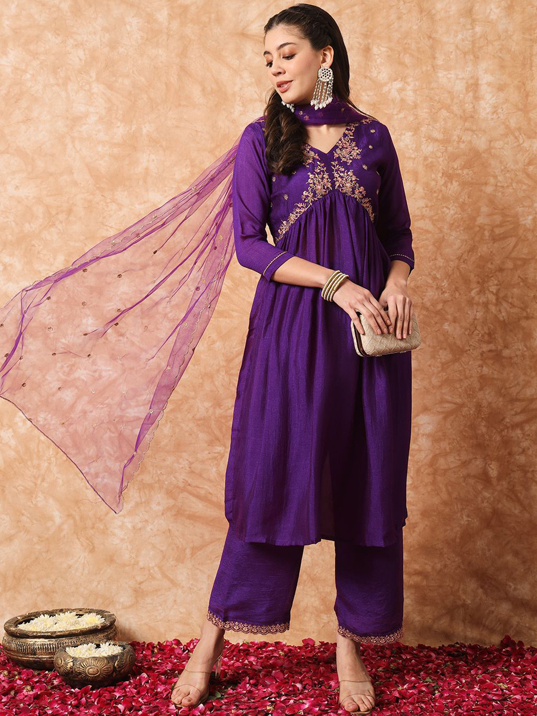 Anouk Violet Embroidered Empire Sequinned A-Line Kurta With Trousers & Dupatta