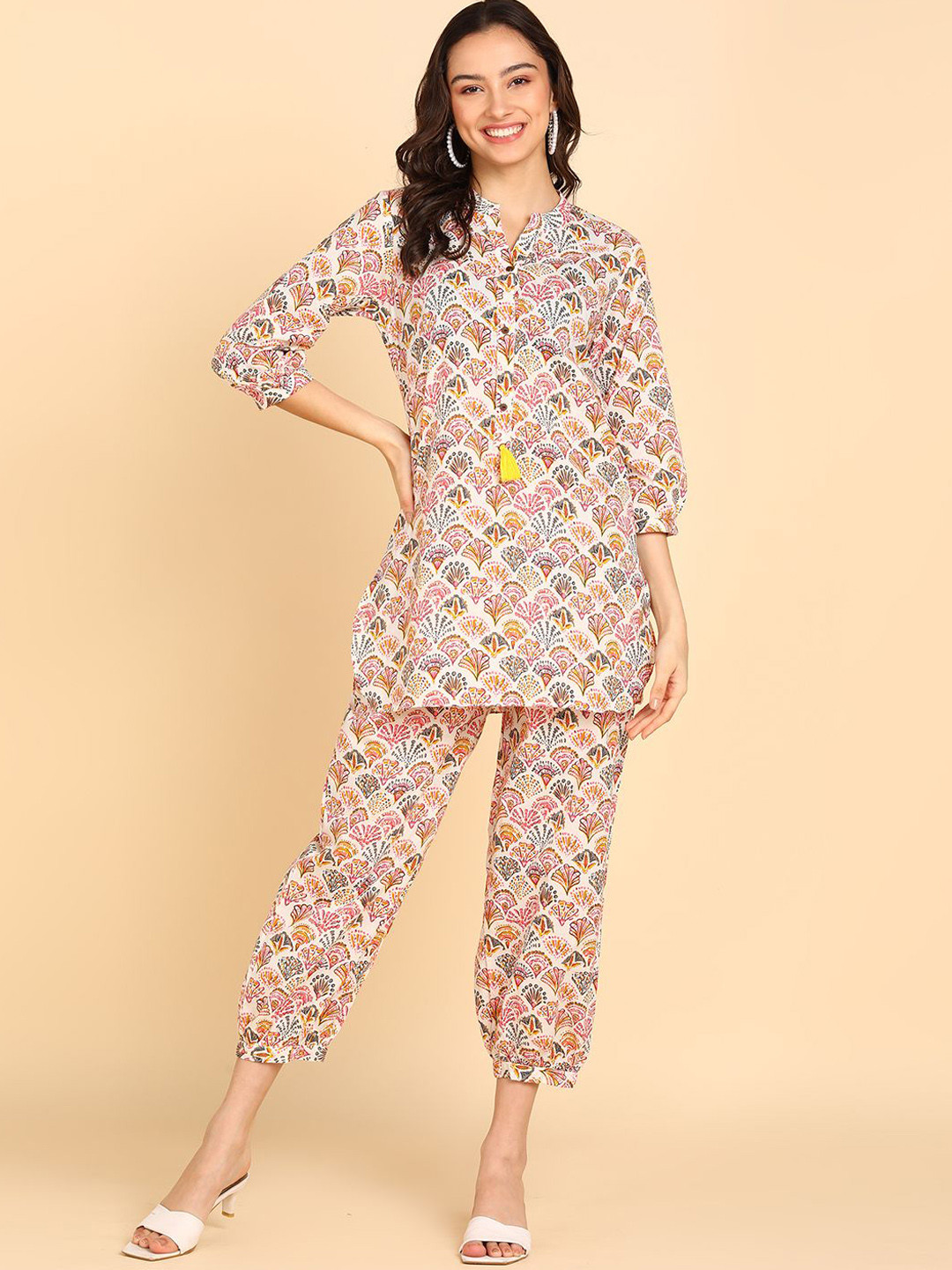 BLOCKS OF INDIA Printed Three-Quarter Sleeves Pure Cotton Top With Trouser