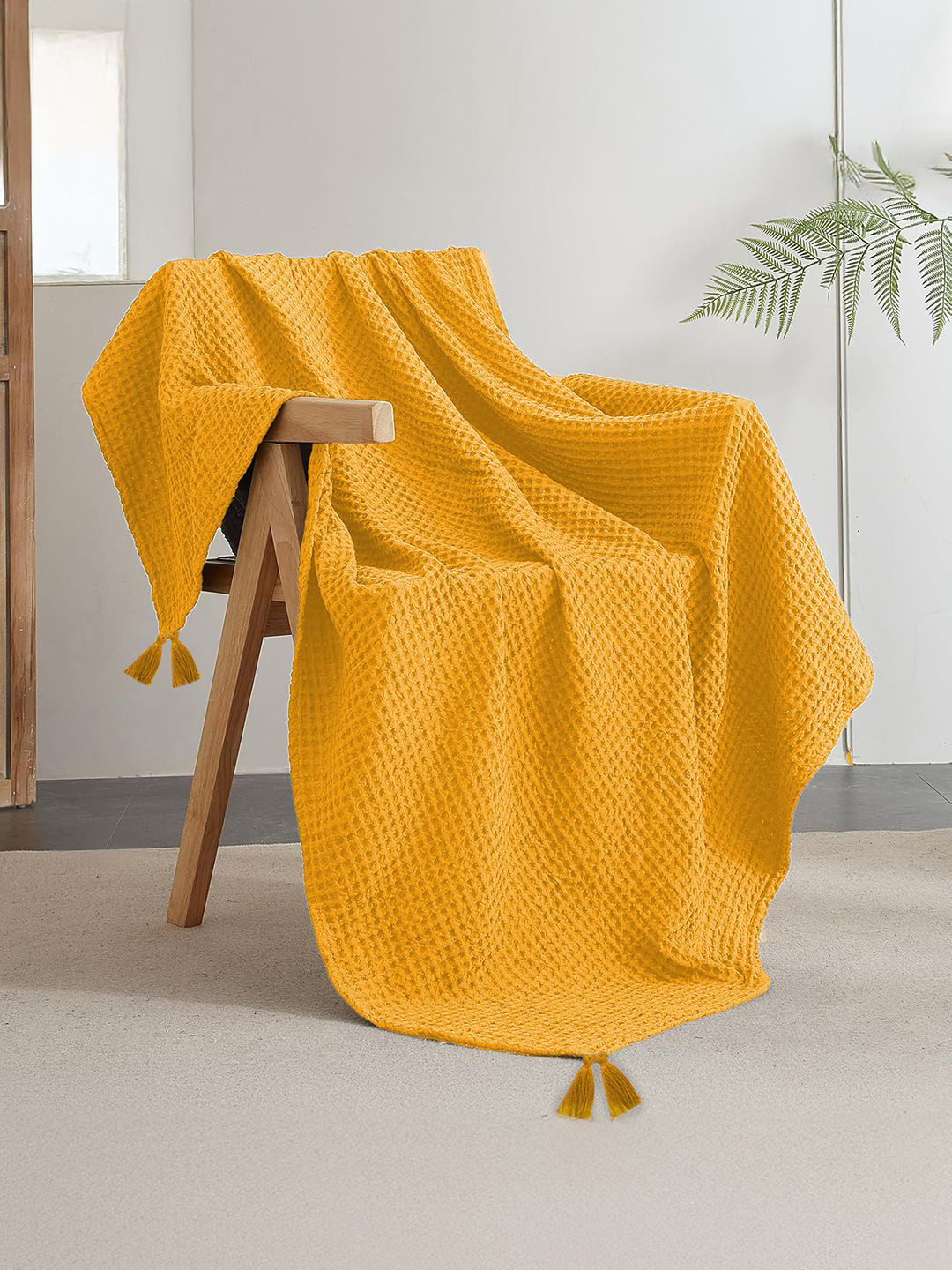 URBAN SPACE Mustard Waffle Weave Pure Cotton Throw