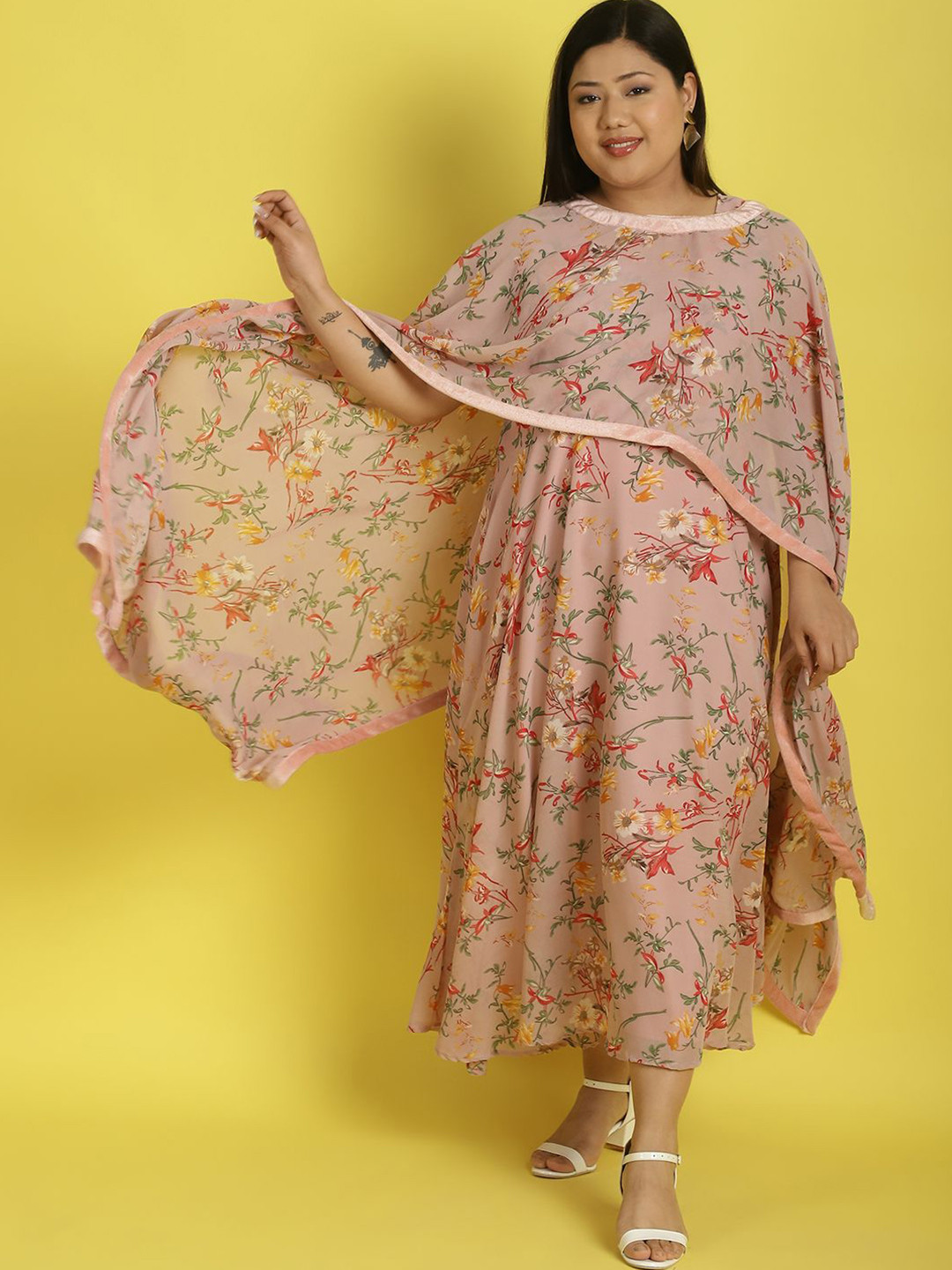 theRebelinme Women Plus Size Floral Printed  Georgette Fit and Flare Midi Dress