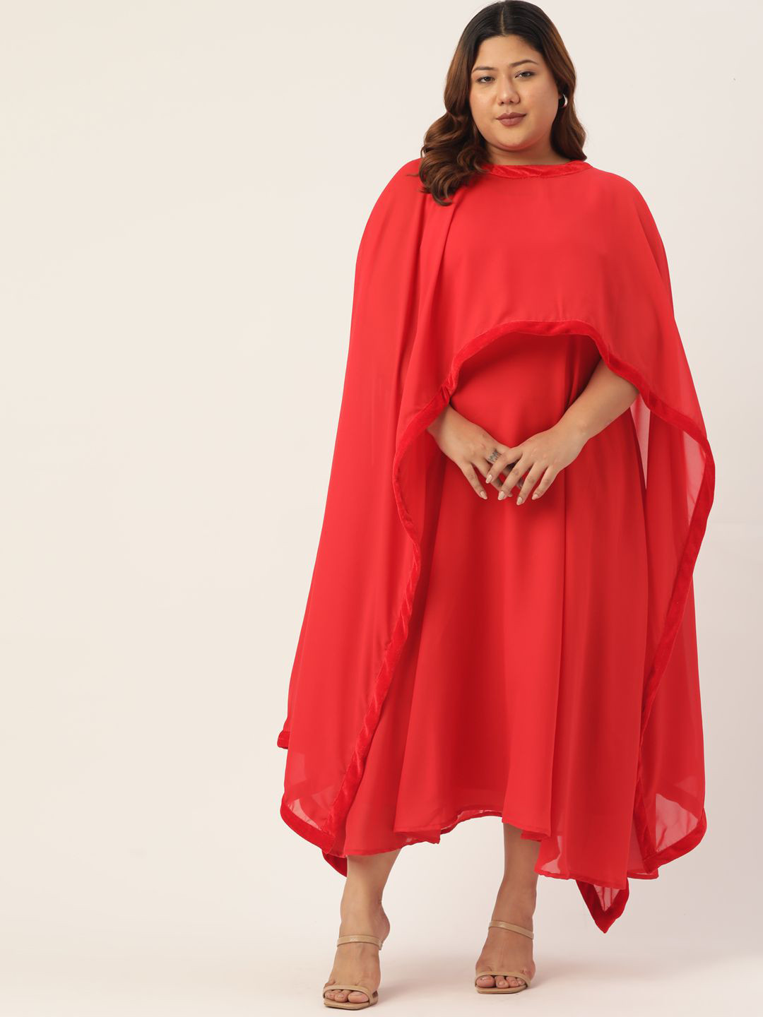 theRebelinme Women Georgette A-Line Midi Dress With Poncho Shrug