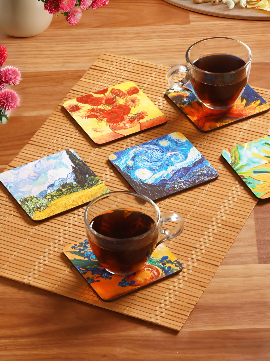 Homspurts Yellow & Blue 6 Pieces Vangogh Printed Square Wooden Coasters