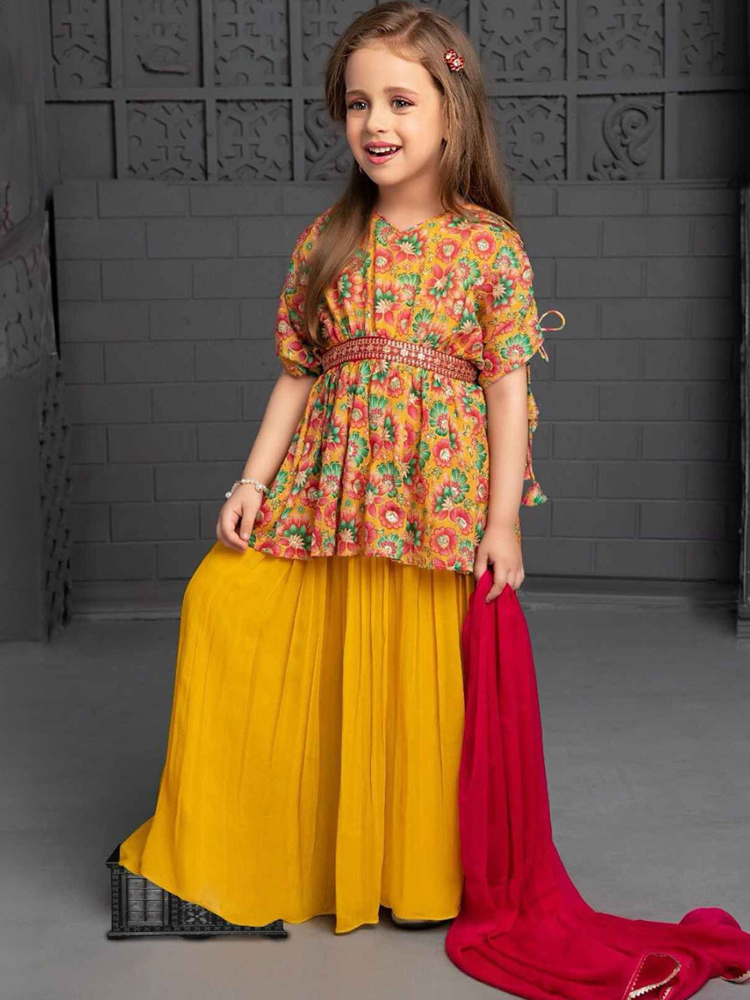 Lagorii Girls Printed Half Sleeves And Printed Mirror Worked Tunic with Palazzos