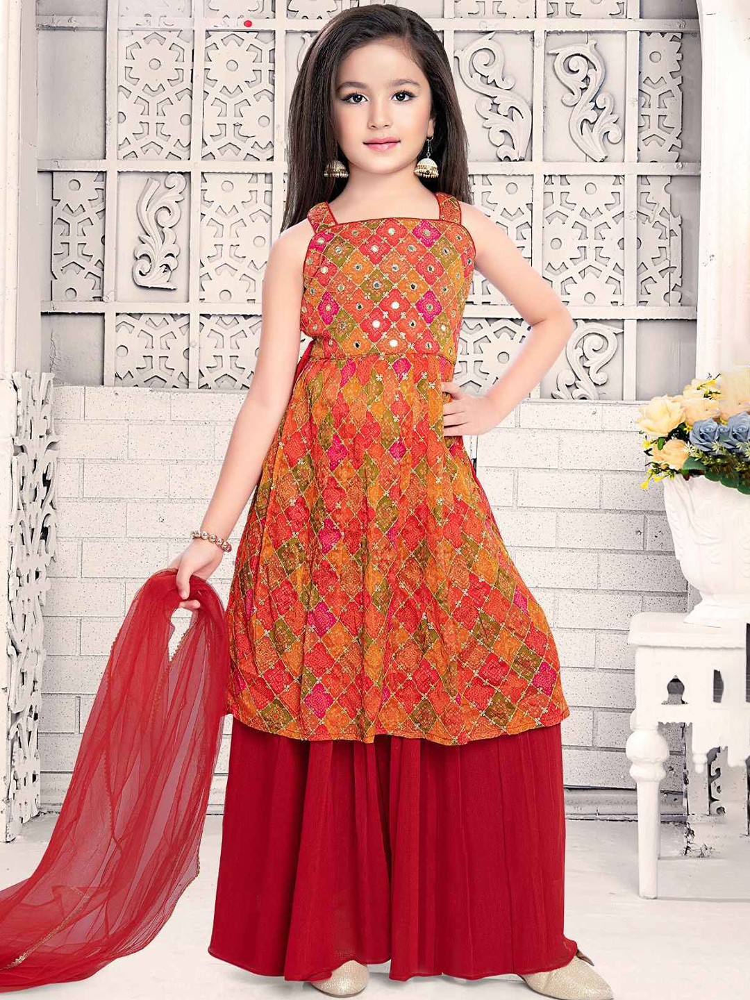 Lagorii Girls Printed Lagorii Sleeveless And Mirror worked Clothing Set