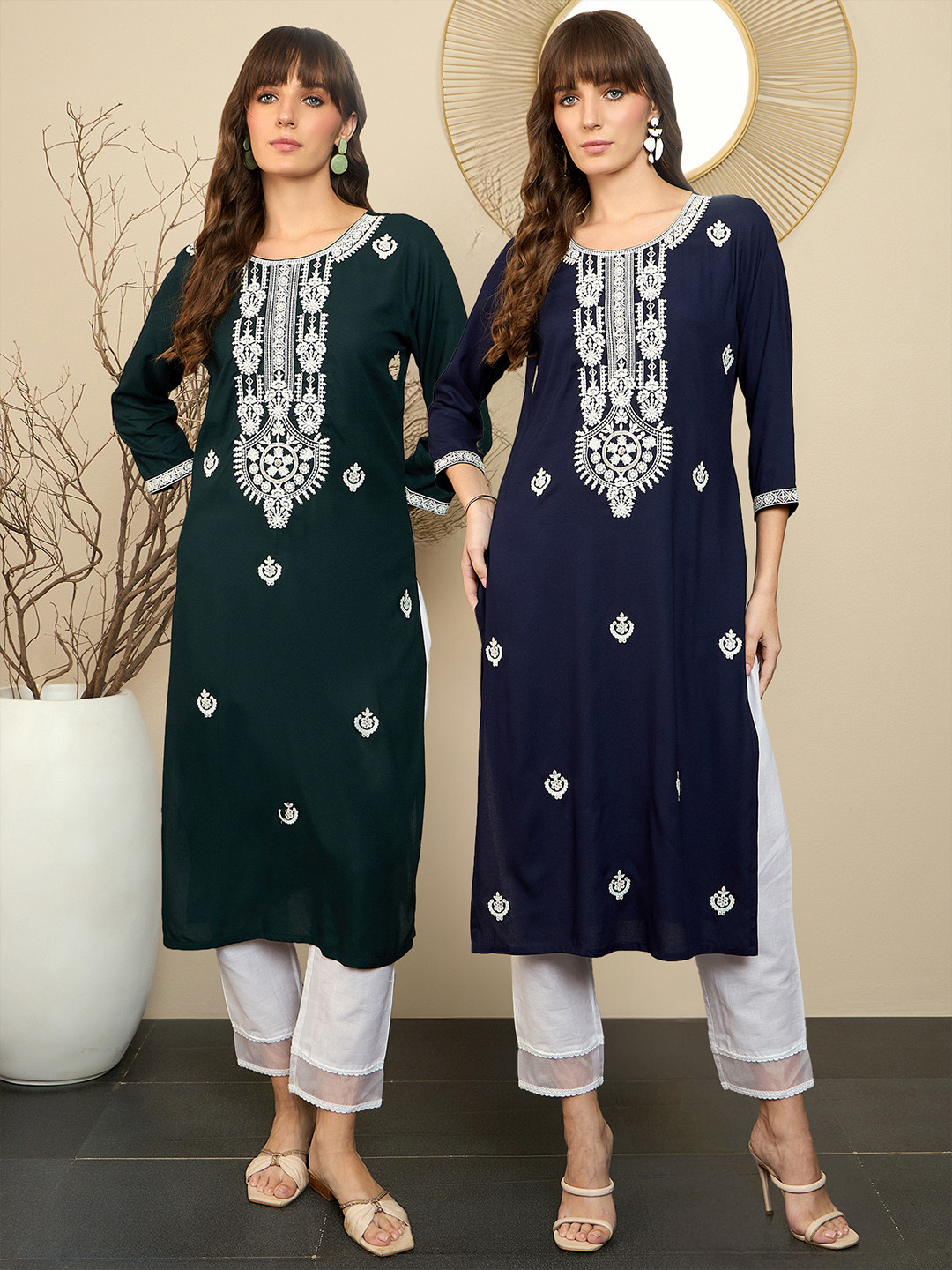 Indo Era Pack Of 2 Floral Embroidered Straight Kurta