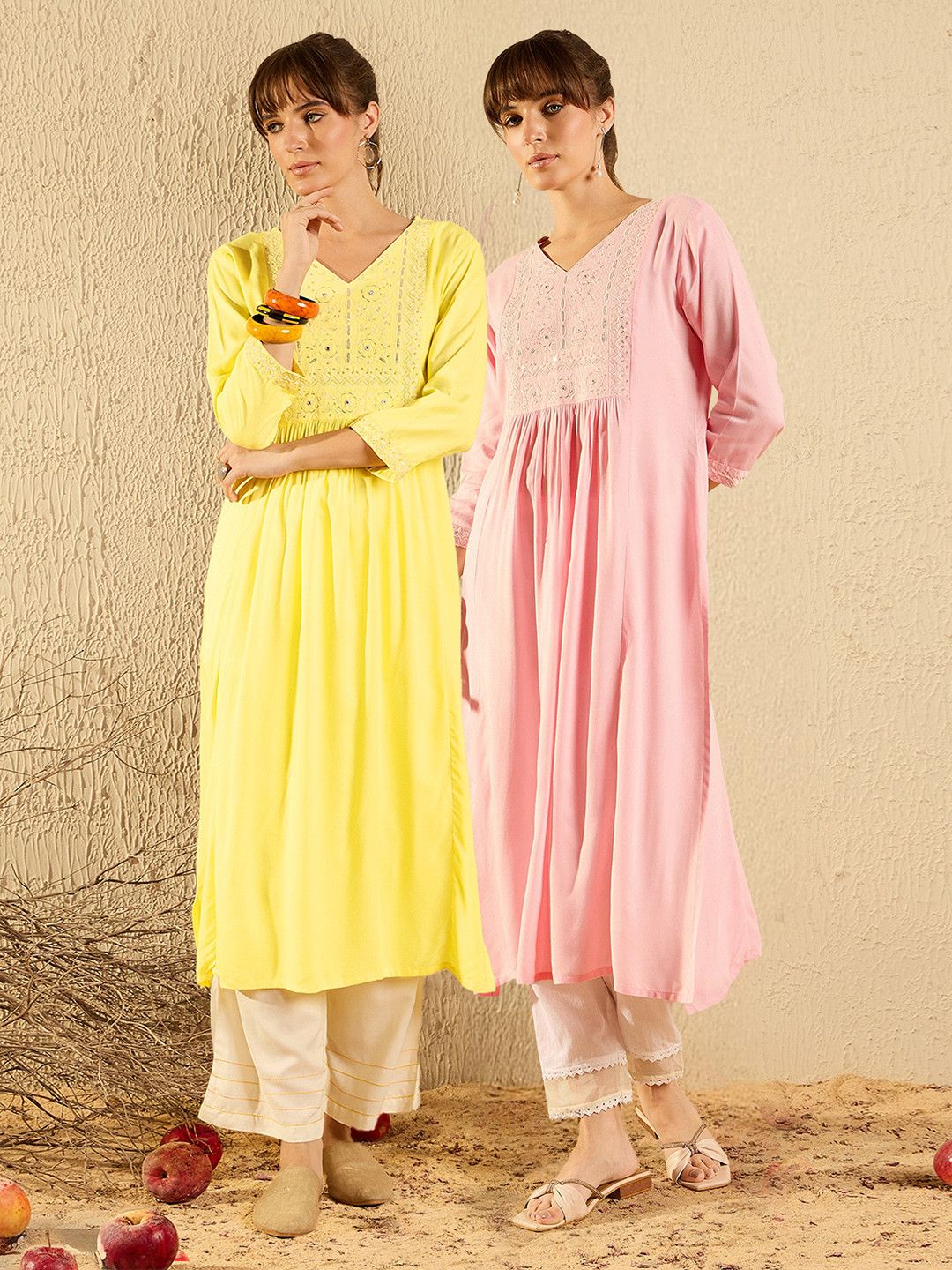 Indo Era Pack Of 2 Women Floral Printed Mirror Work Anarkali Kurta