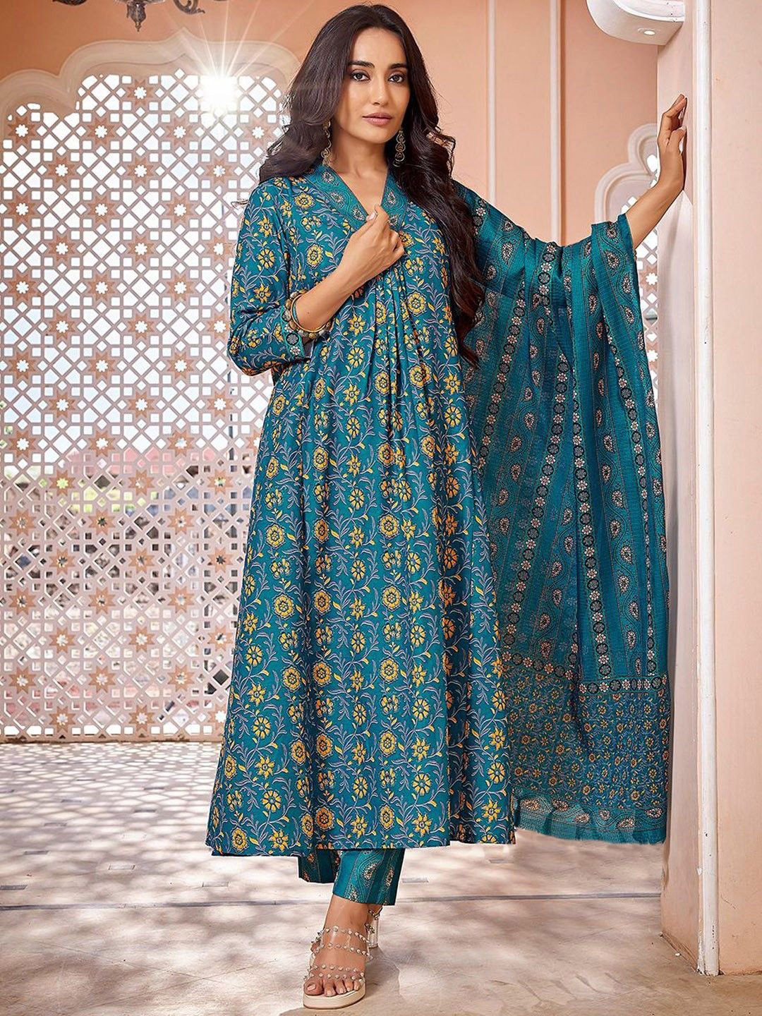 TARANJAL Floral Printed Pleated Anarkali Kurta with Trousers & Dupatta