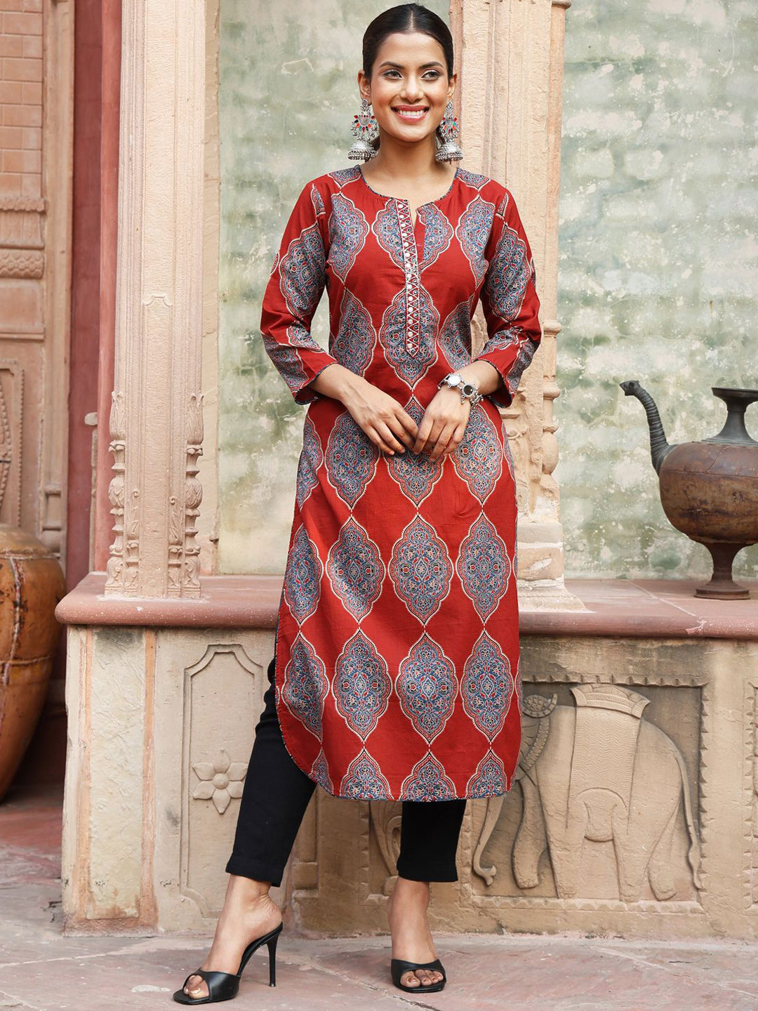 GULMOHAR JAIPUR Ethnic Motifs Printed Pure Cotton Straight Round Neck Kurta