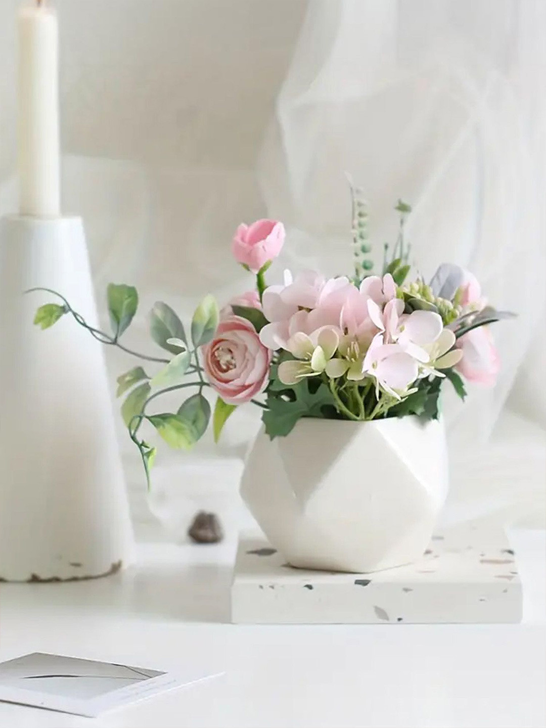 Nostrae by Ekhasa Pink Rose Artificial Flower With Ceramic Vase