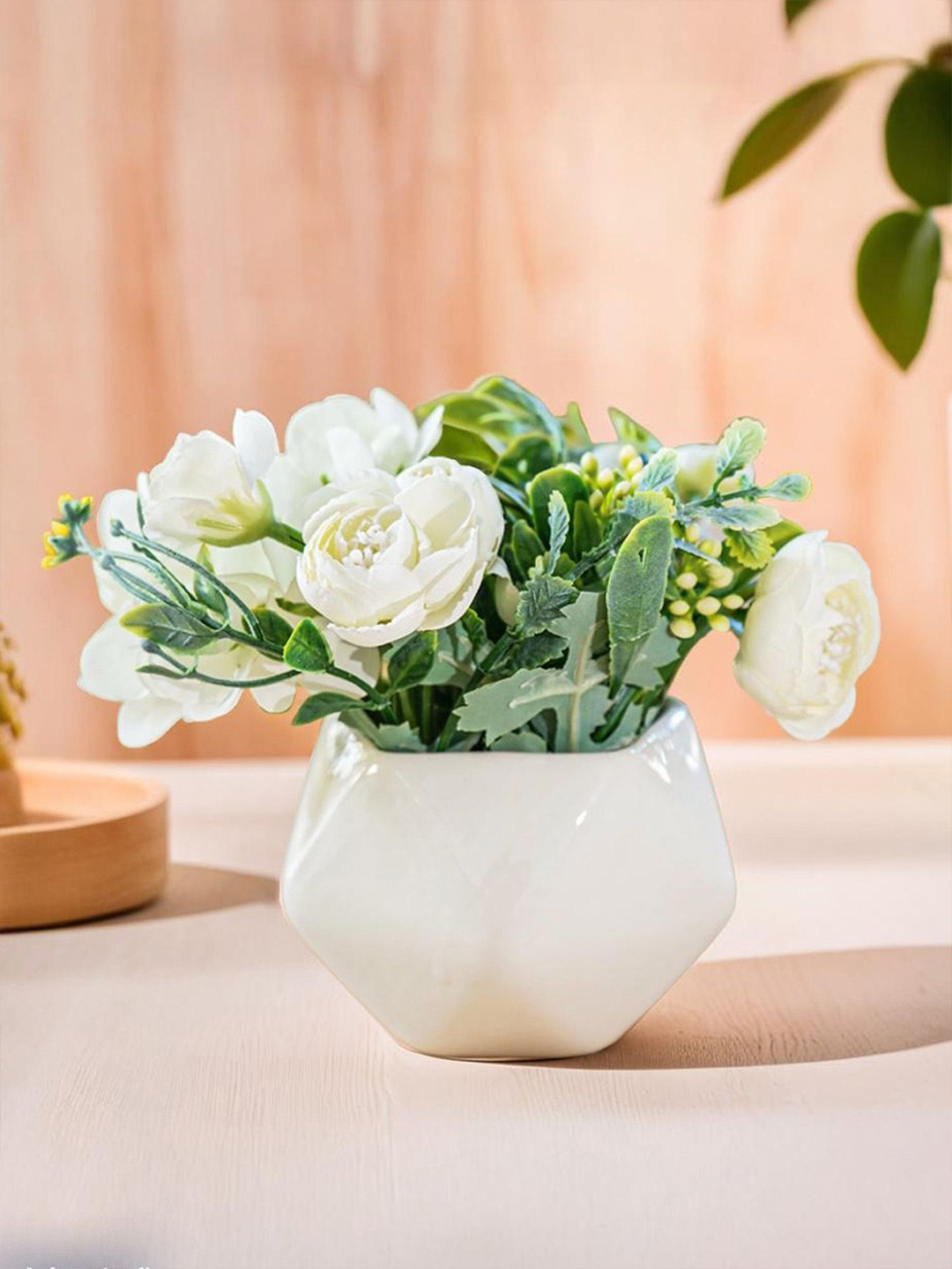 Nostrae by Ekhasa White Rose Artificial Flower With Ceramic Vase