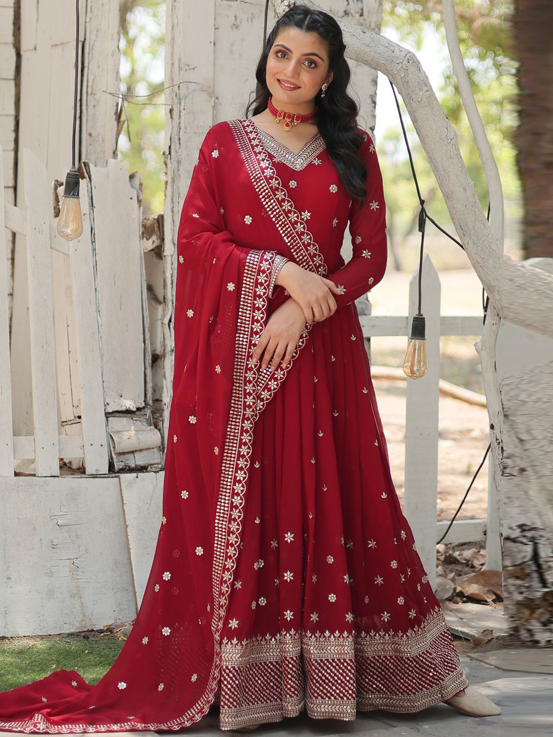 Fashionuma Geometric Embroidered Sequins Georgette Anarkali Kurta With Dupatta