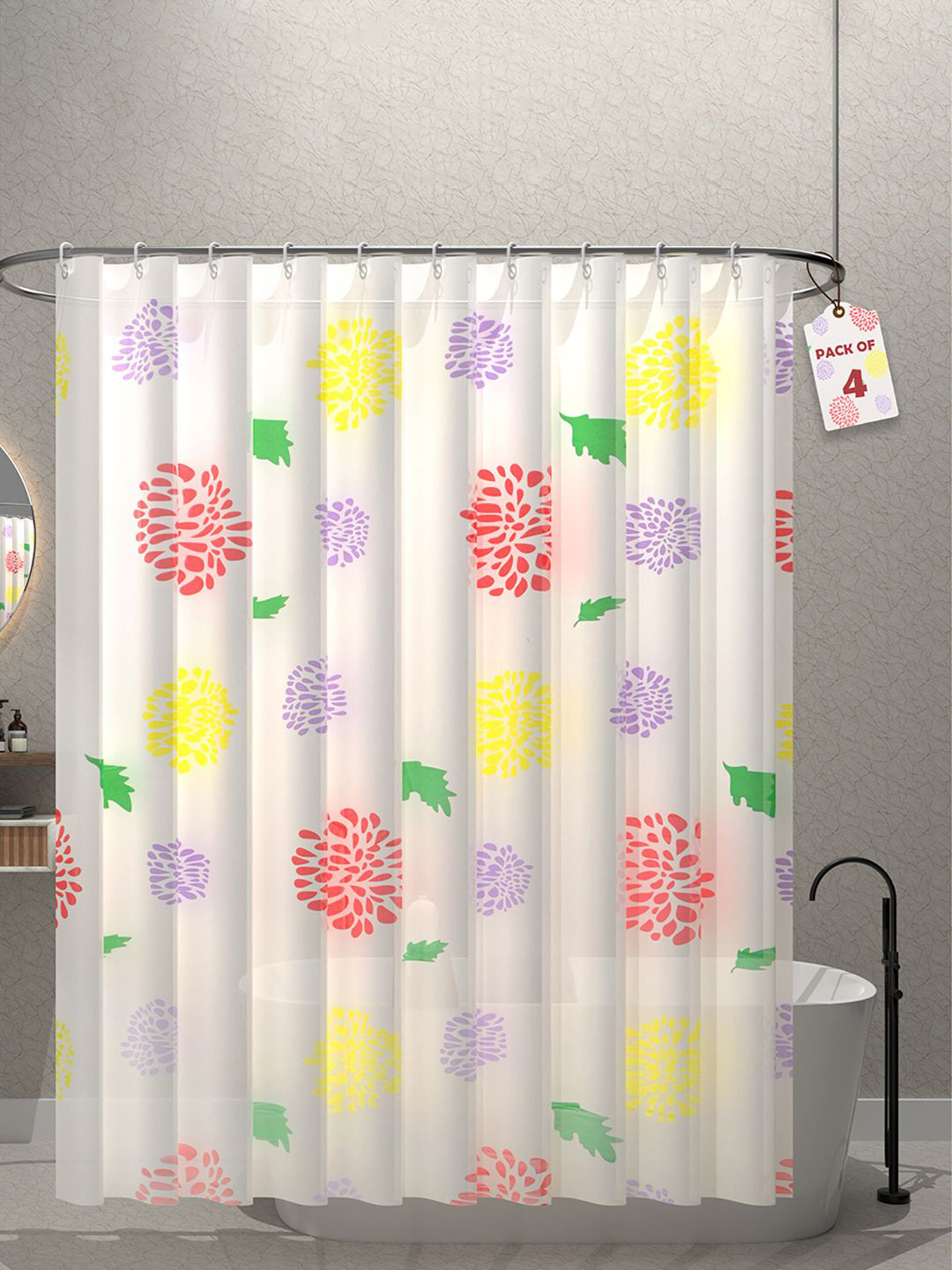 Kuber Industries White 4 Pieces Abstract Printed Quick Dry Shower Curtains With 12 Rings