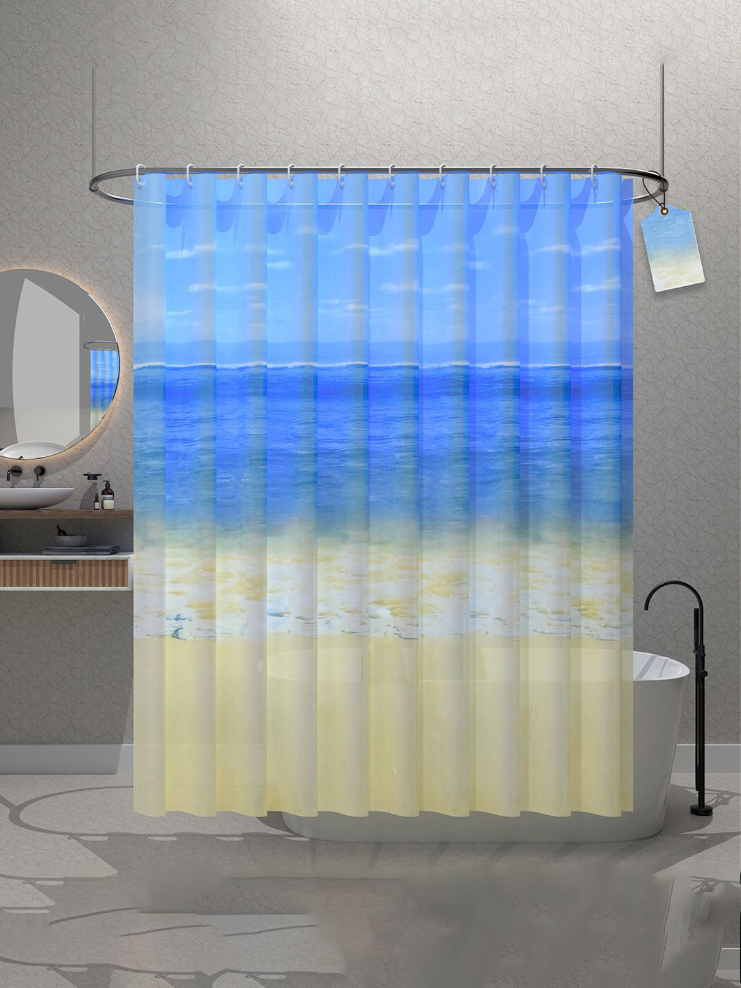 Kuber Industries Blue & Beige 5-Pcs Beach Printed Quick Dry Shower Curtains With 12 Rings