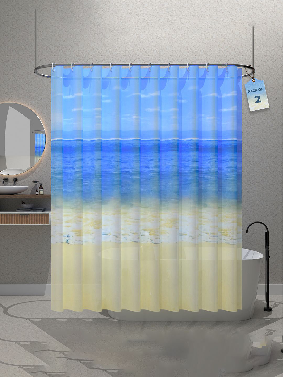 Kuber Industries Blue & Beige 2-Pcs Beach Printed Quick Dry Shower Curtains With 12 Rings