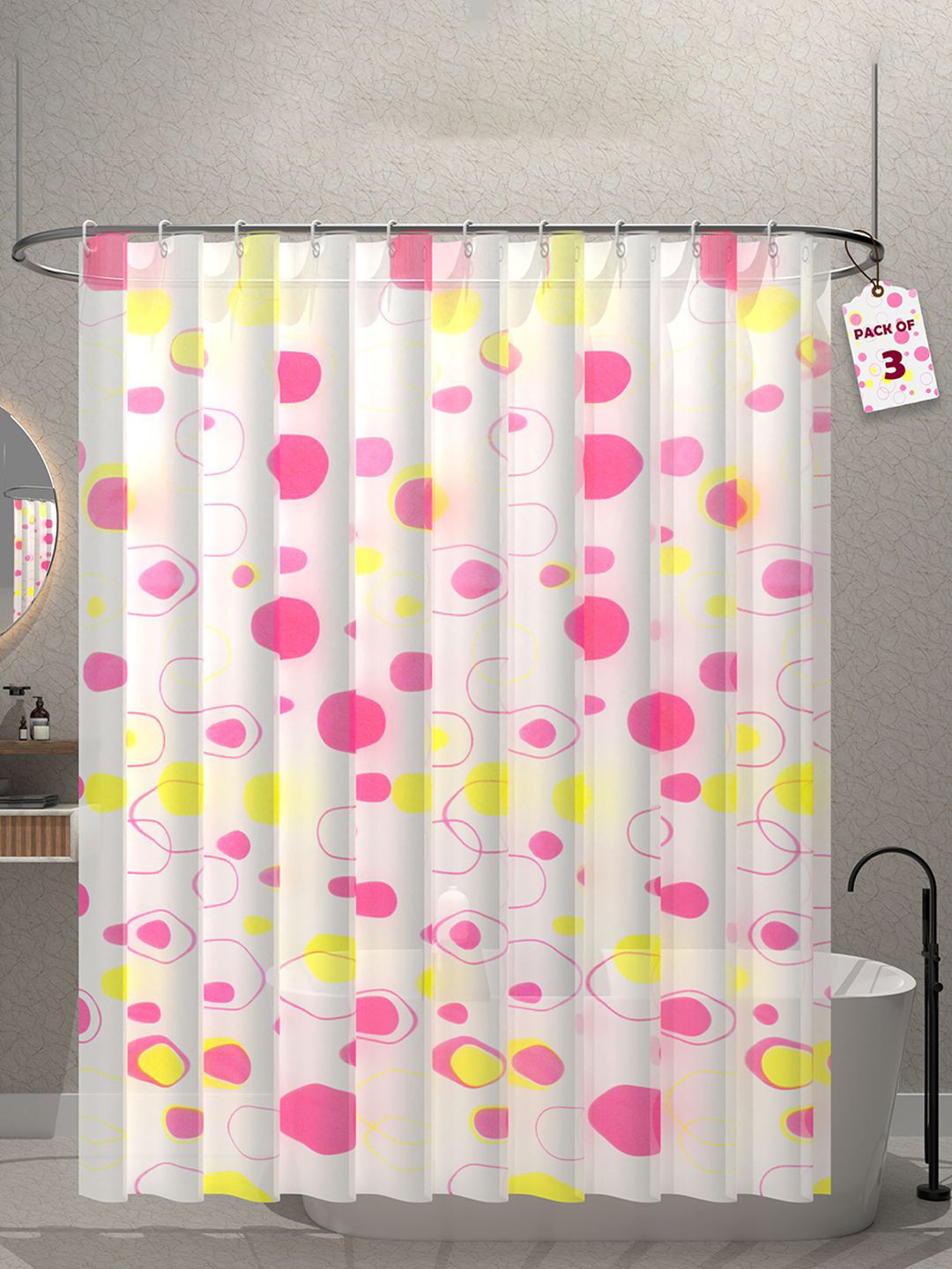 Kuber Industries White & Pink 3 Pieces Durable Shower Curtains