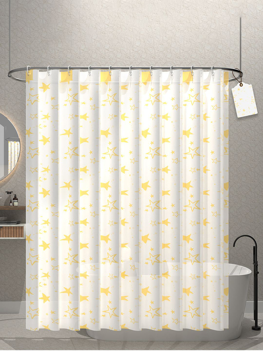 Kuber Industries White 2 Pieces Star Printed Quick Dry Shower Curtains With 12 Rings