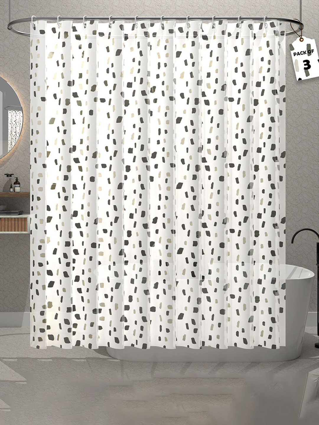 Kuber Industries White & Green 3-Pcs Leaf  Printed Quick Dry Shower Curtains With 12 Rings