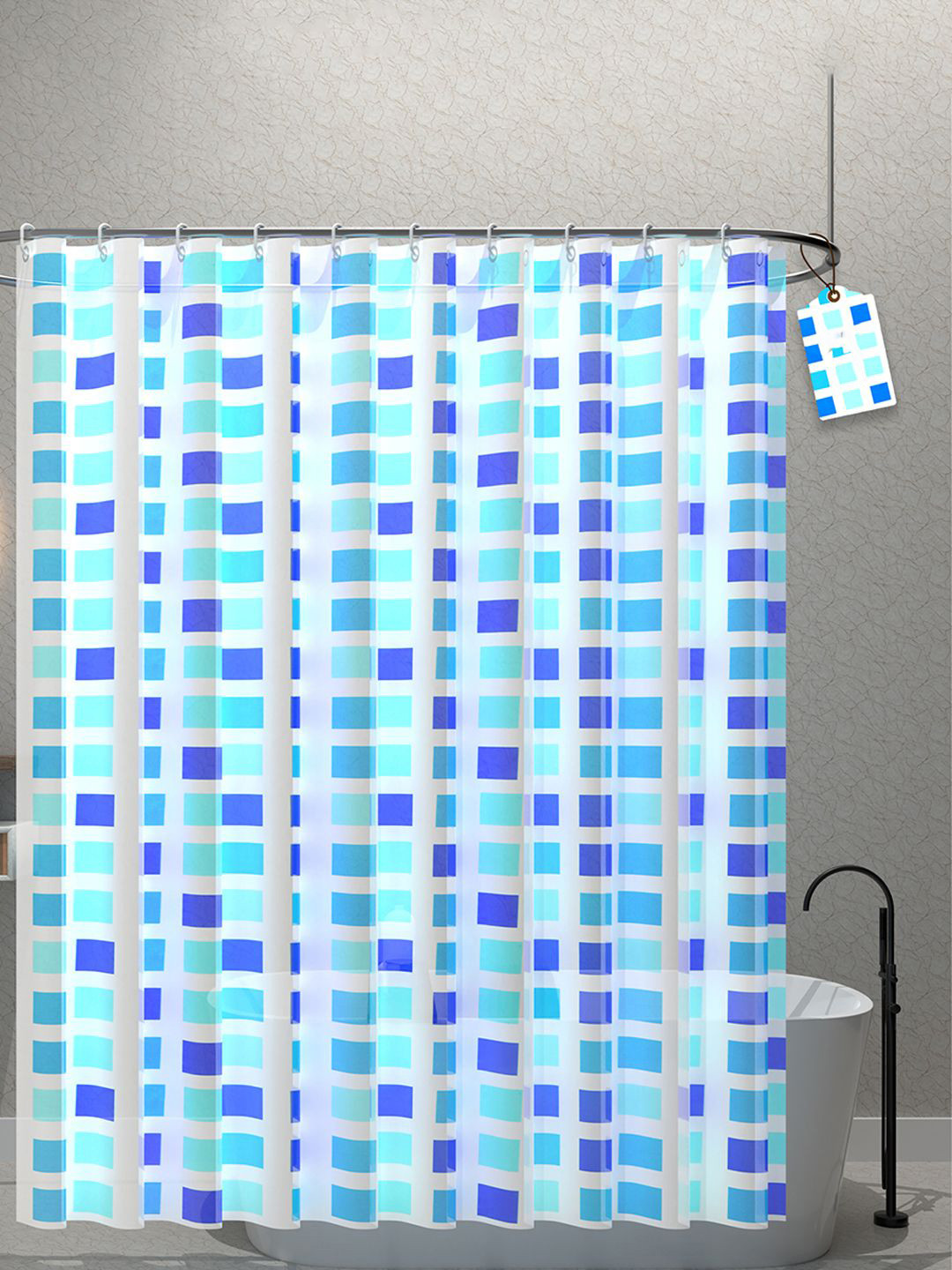 Kuber Industries Blue & White 3-Pcs Block Printed Quick Dry Shower Curtains With 12 Rings