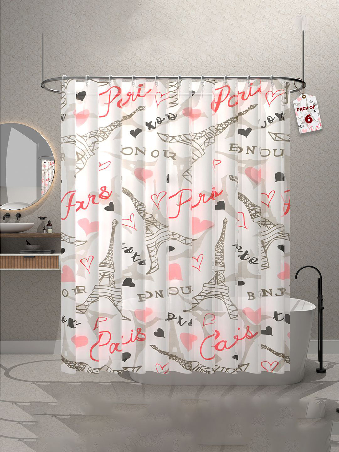 Kuber Industries Pink & Grey 6 Pieces Printed Shower Curtains With 12 Rings