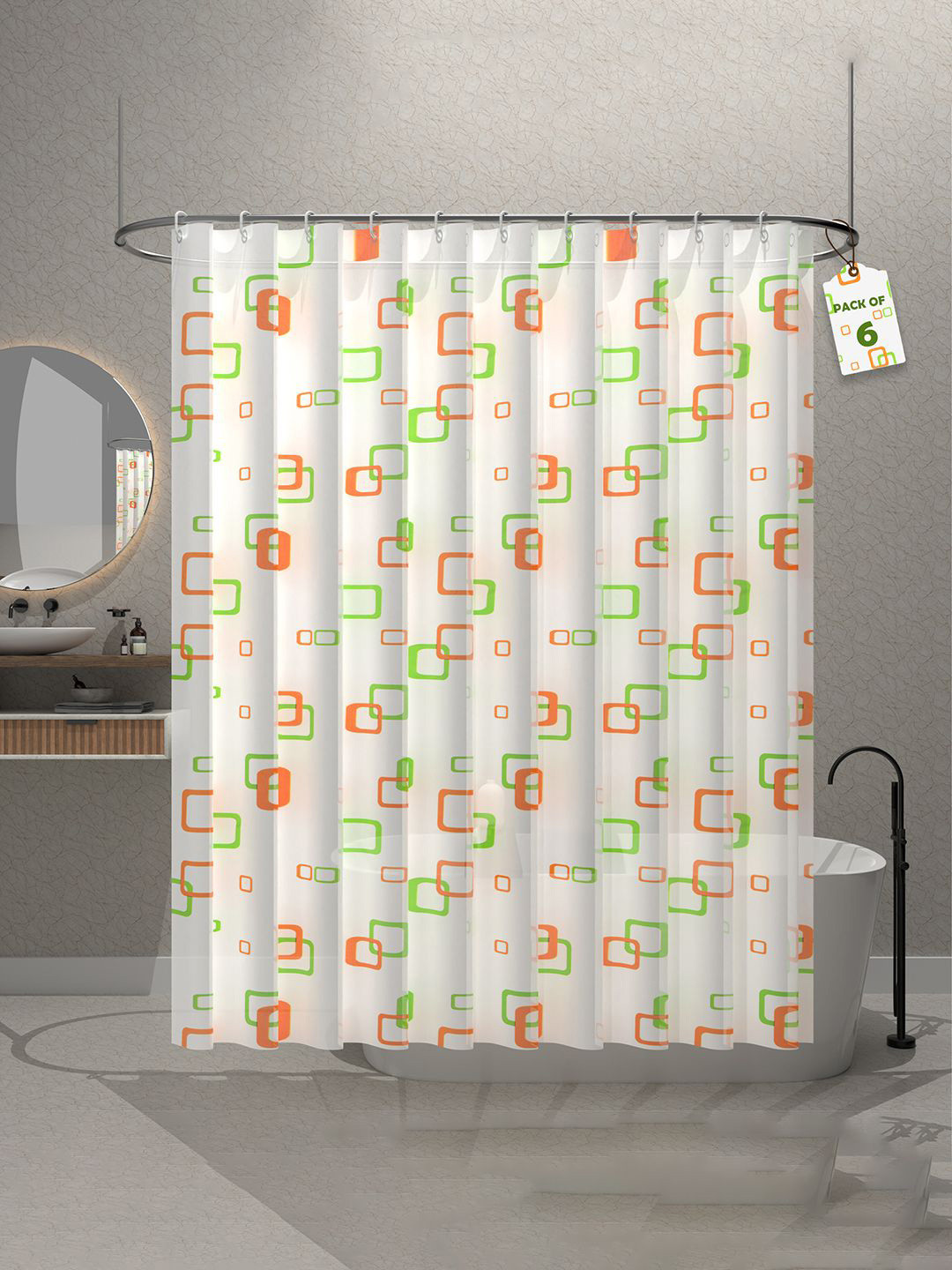 Kuber Industries Green & Orange Coloured 6 Pieces Printed Shower Curtains With 12 Rings