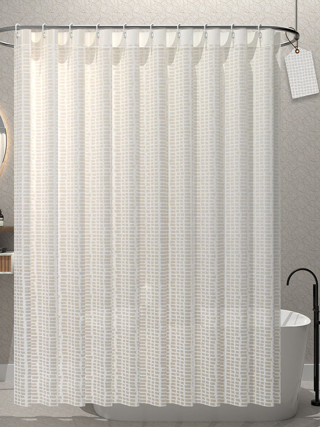 Kuber Industries Grey & White 3-Pcs Square Printed Quick Dry Shower Curtains With 12 Rings