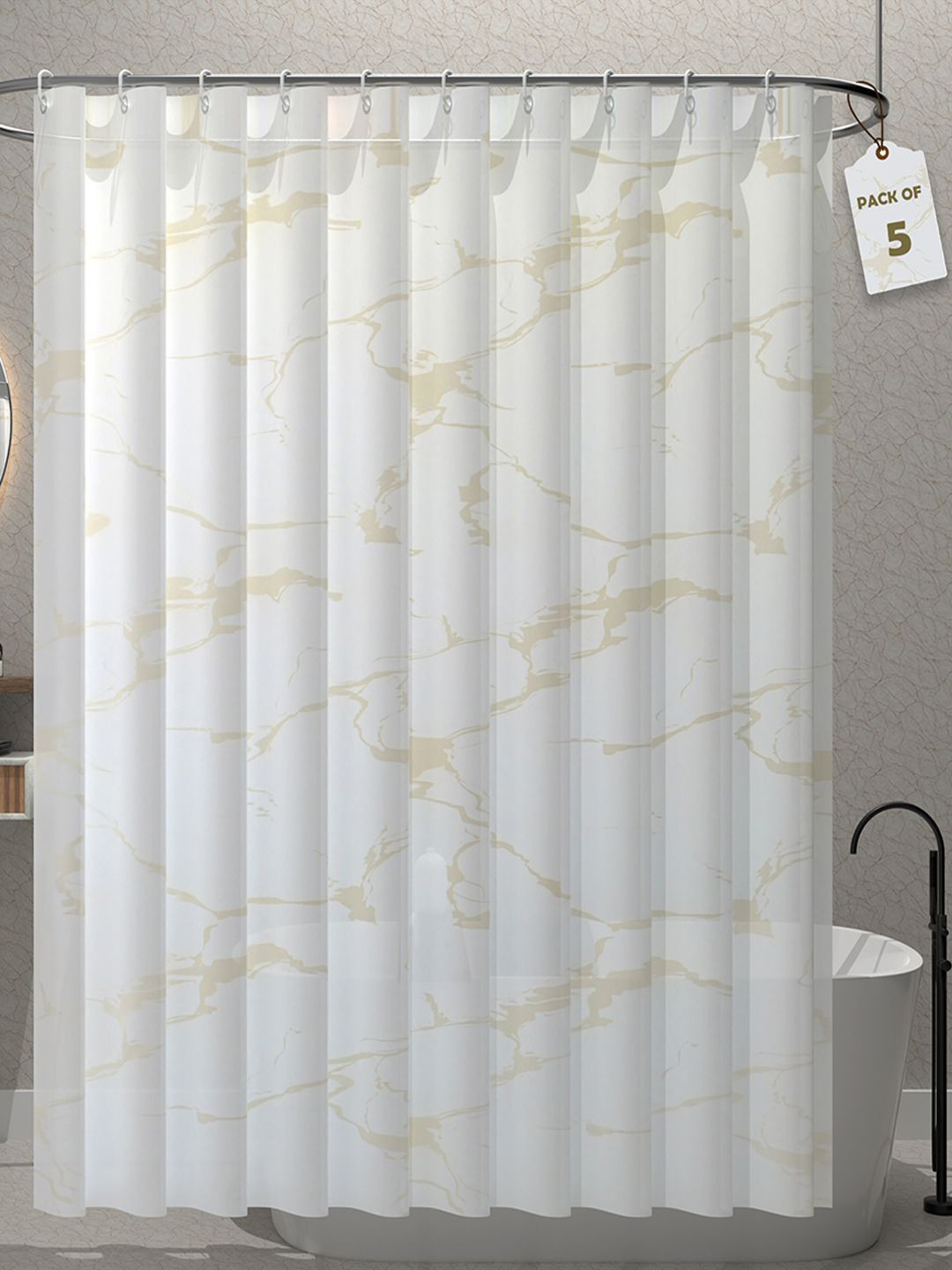 Kuber Industries White & Yellow 5Pc Marble Printed Quick Dry Shower Curtains With 12 Rings