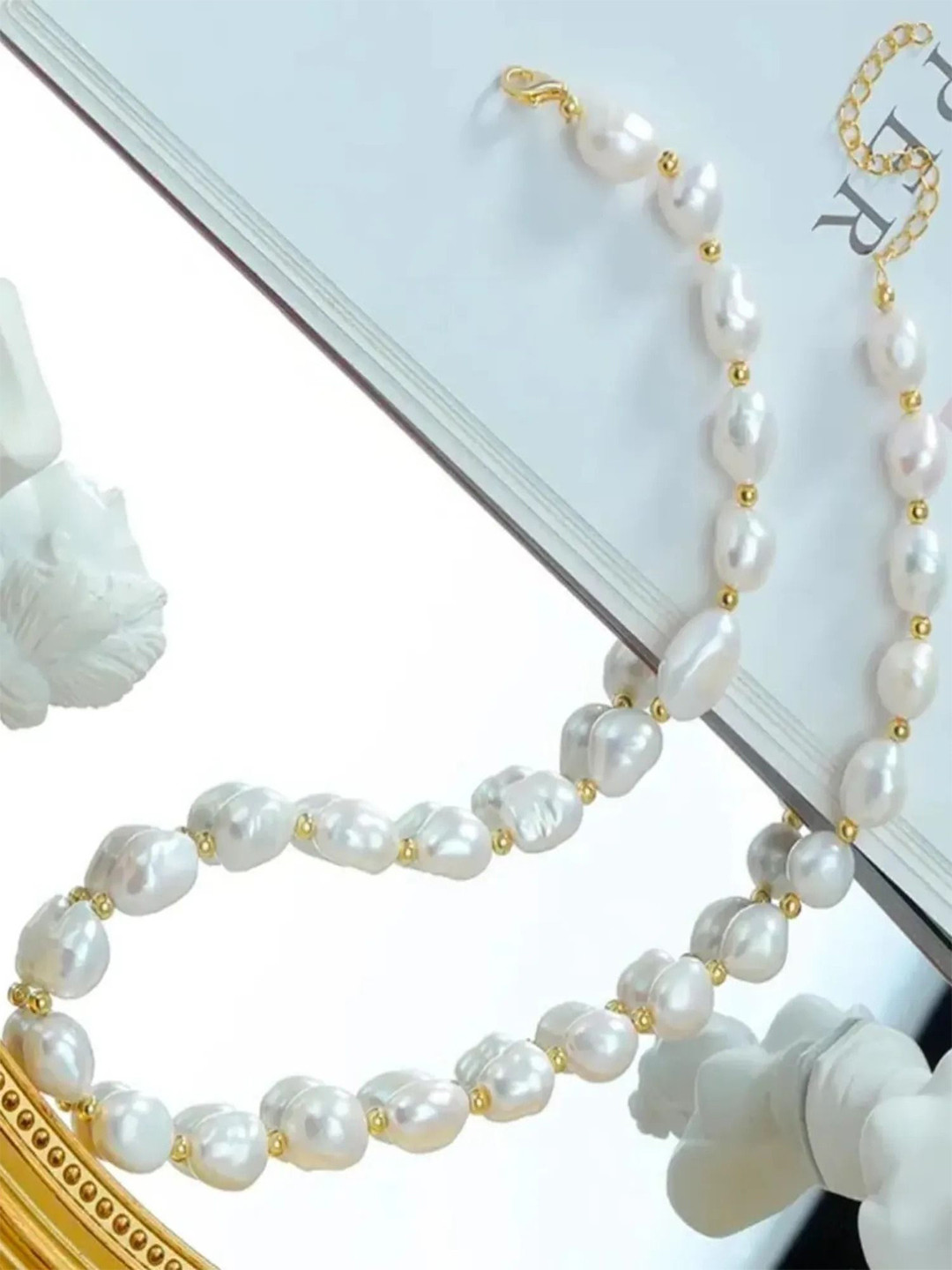 V FASHION JEWELLERY Gold Plated Stainless Steel Irregular Baroque Pearls Jewellery Set