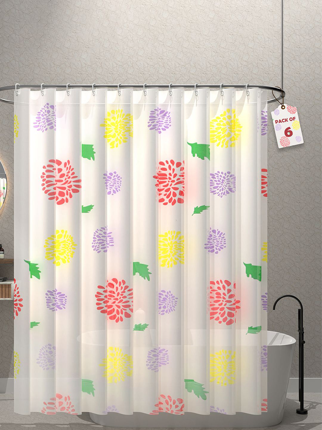 Kuber Industries Purple & Yellow 6 Pieces Printed Shower Curtains With 12 Rings