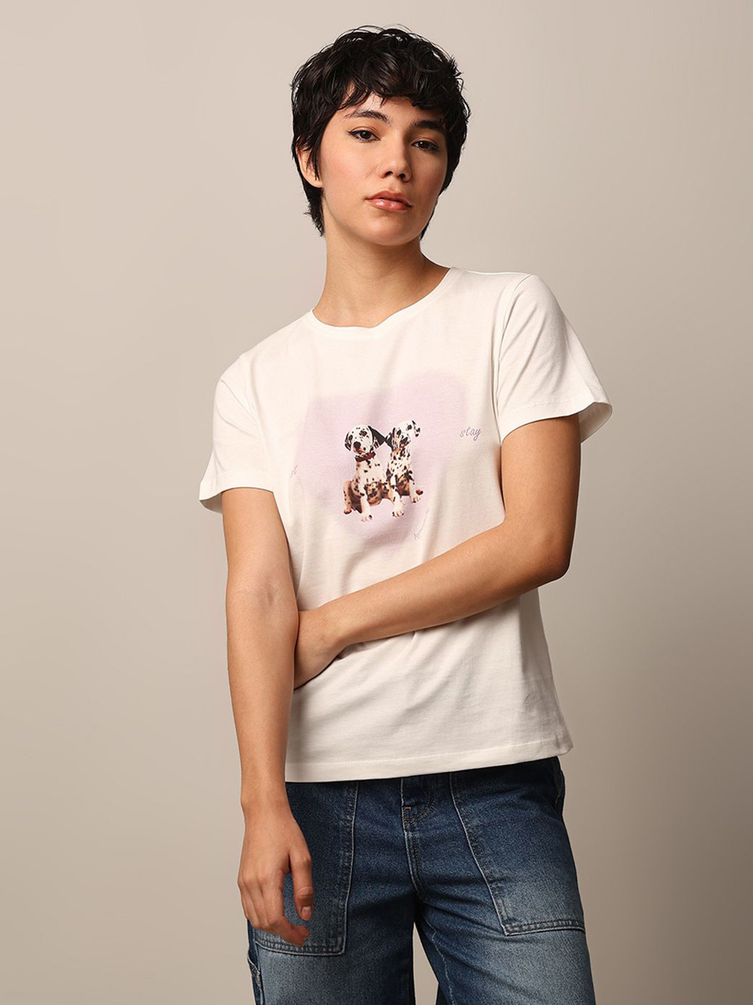 ONLY Women Animal Printed Round Neck Cotton T-shirt