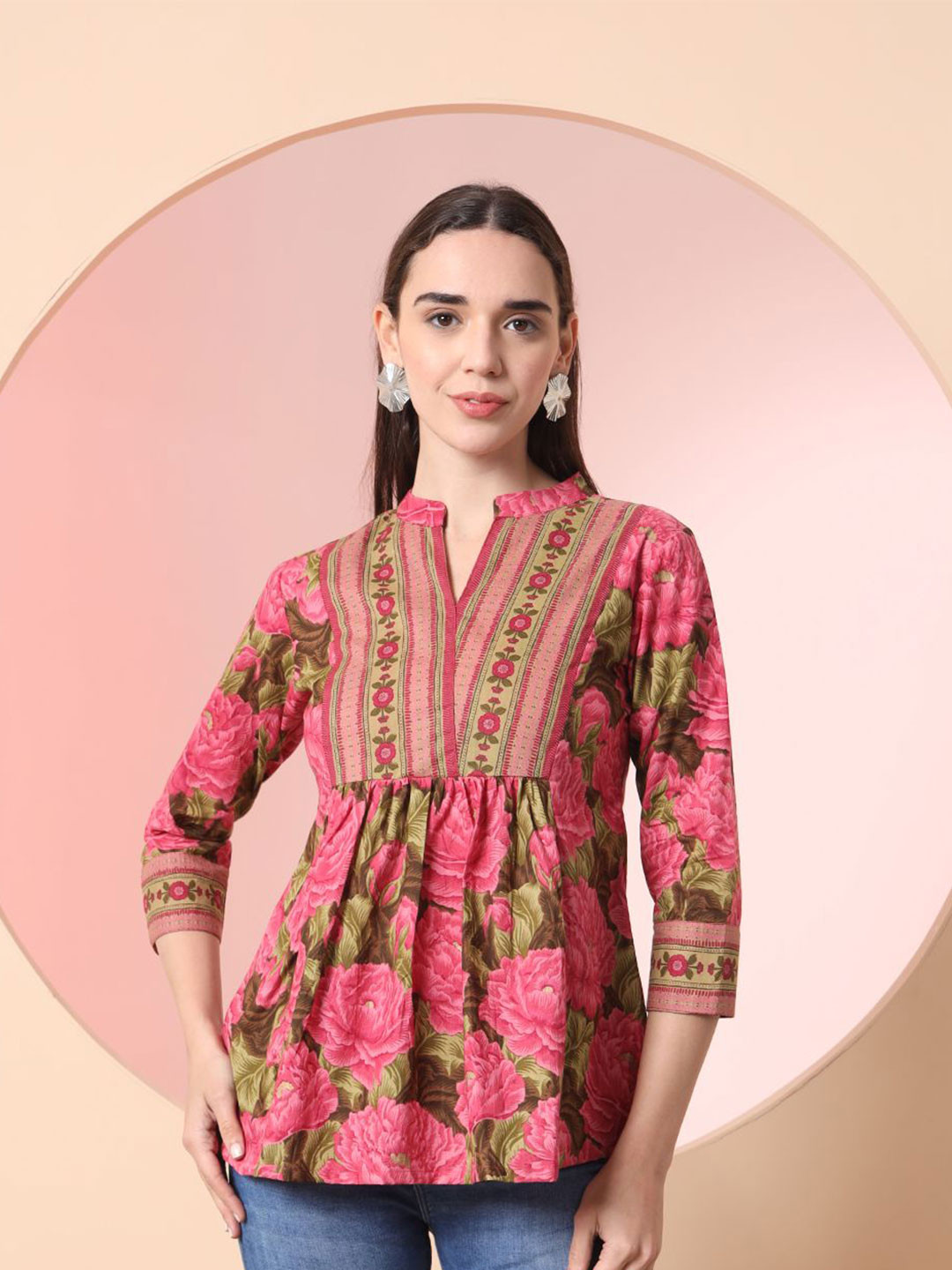 Yufta Women Floral Printed Mandarin Collar Pure Cotton Empire Top