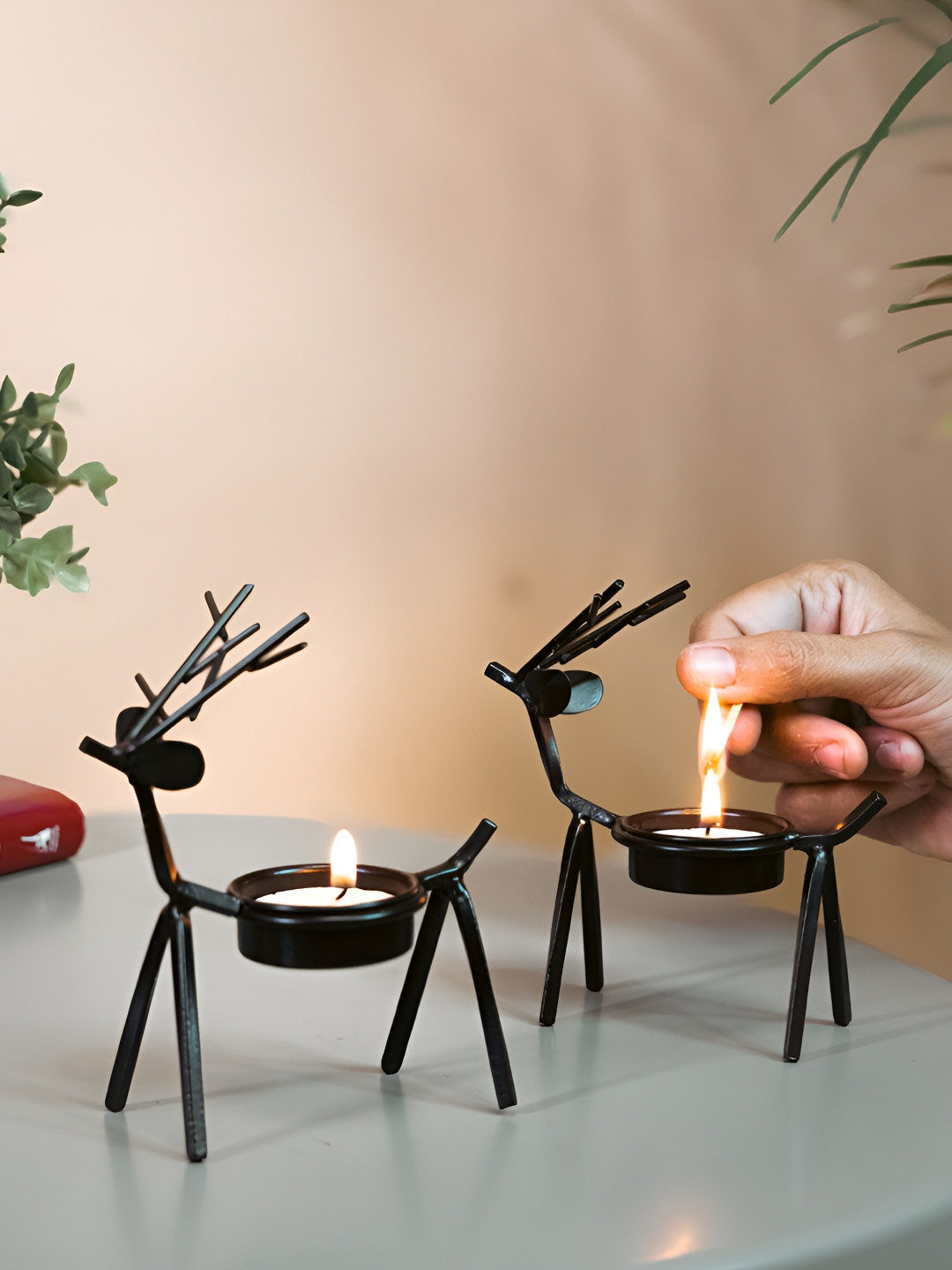 URBANFIX Black 2 Pieces Christmas Reindeer Tealight Candle Holders