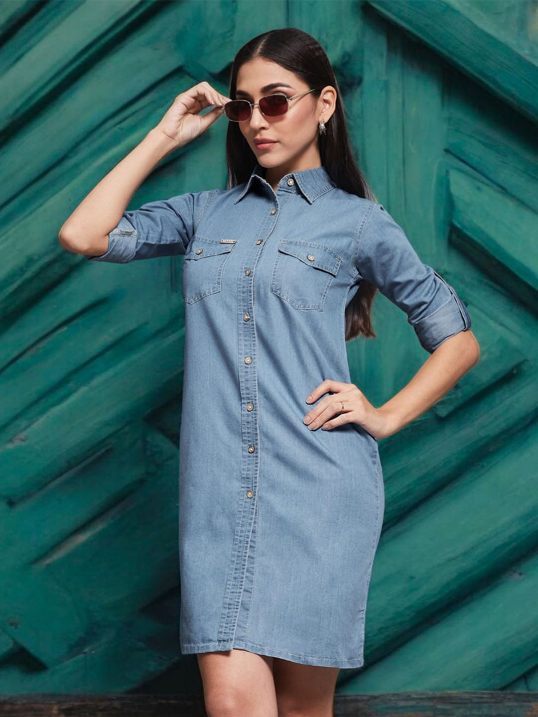 The Roadster Lifestyle Co. Women's Polo Neck Rolled Up Full Sleeve Denim A-Line Mini Dress
