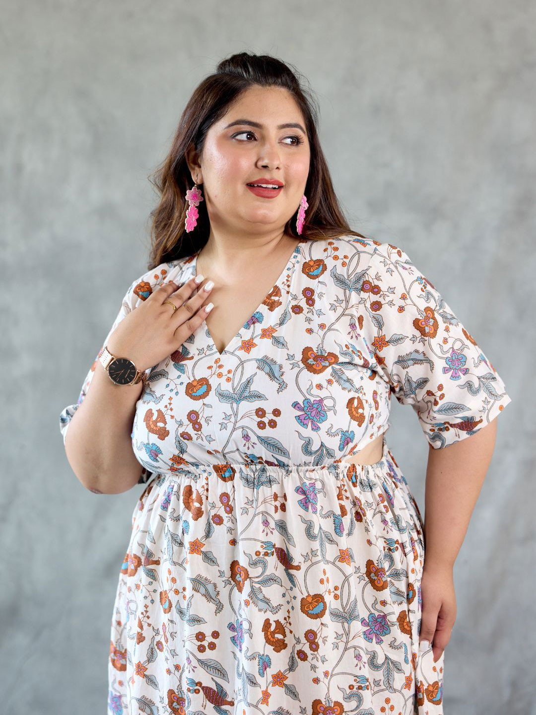 NANGALIA RUCHIRA Women Plus Size Cotton Floral Print Cut-Out Dress