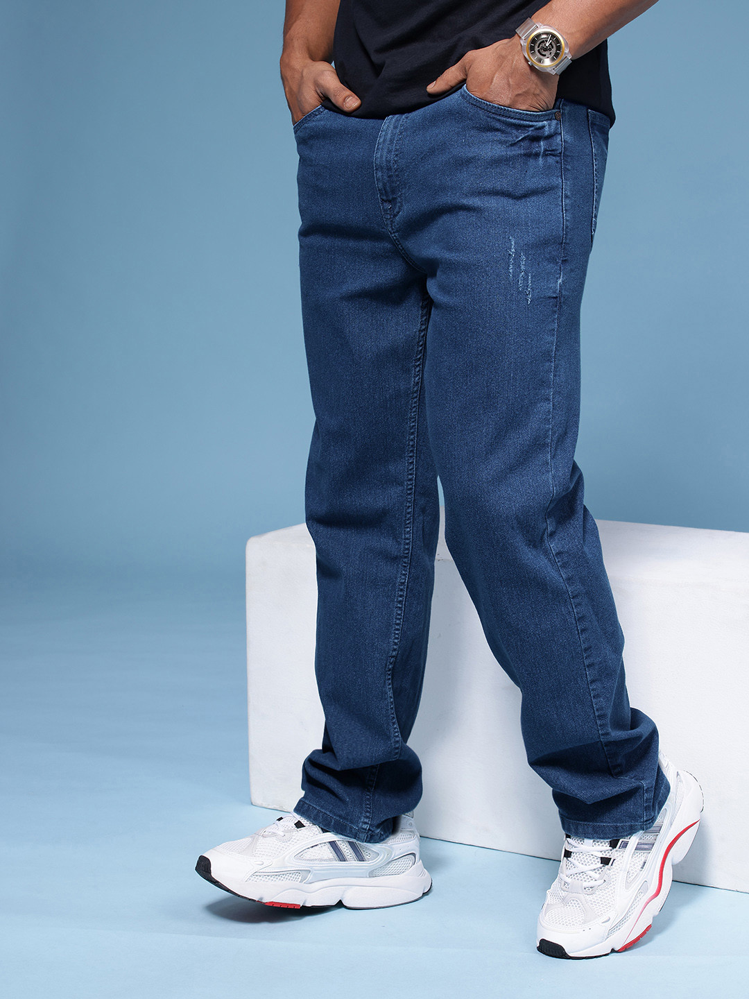 HERE&NOW Men Straight Fit Cat Scratches Light Fade Stretchable Jeans